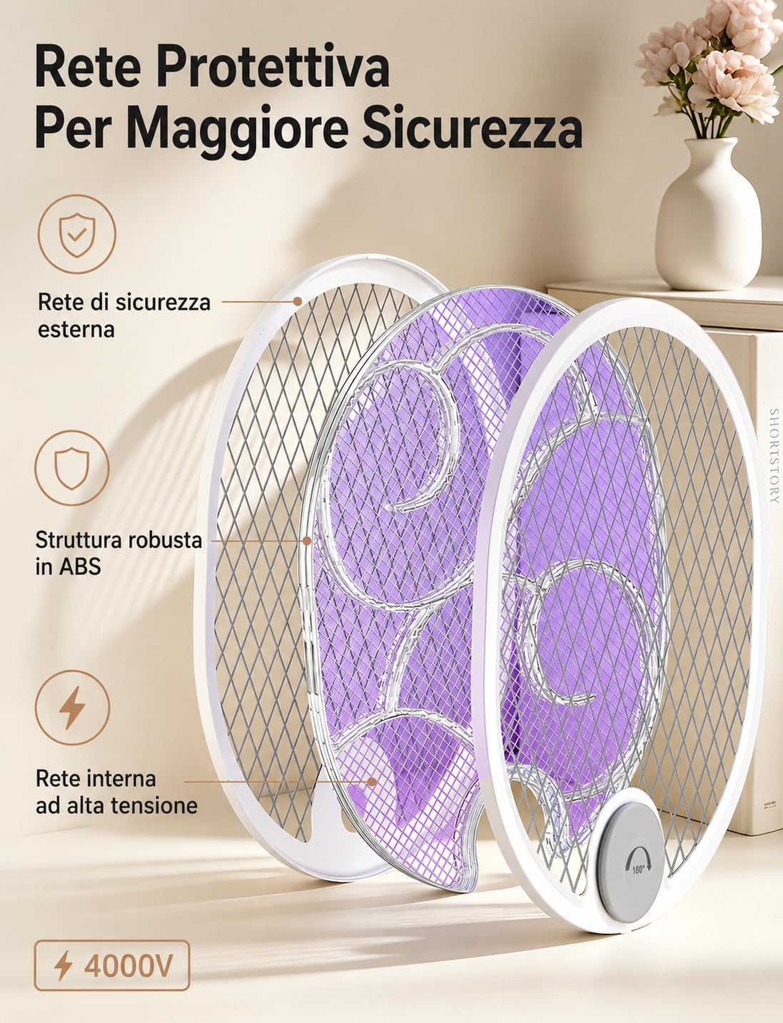 WOCVRYY Racchetta Zanzare Elettrica Pieghevole 4000V 1800mAh 3 in 1 Scacciamosche Elettrico USB Ricaricabile Palette Schiacciamosche e Luce LED Adatto per Interni ed Esterni