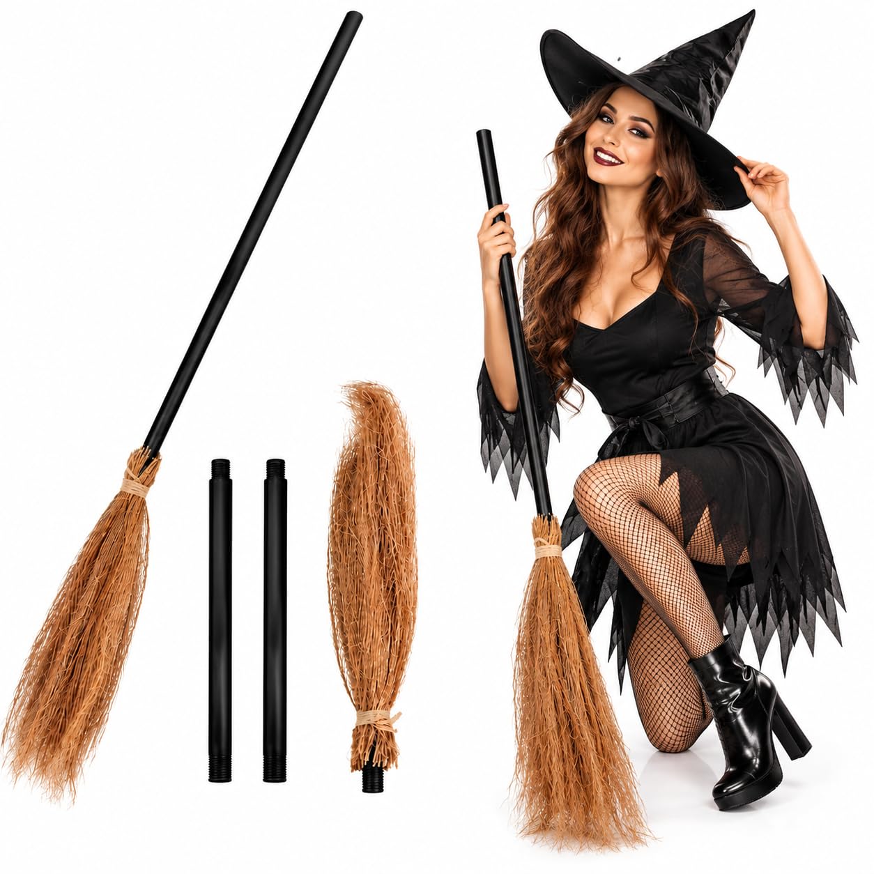Active Star Halloween Witch Broomstick Stick - Realistic 3-Piece Detachable Witch Broom Prop for Fancy Dress Costumes, Cosplay, Party Decorations, Stage Performances & Spooky Themed Events
