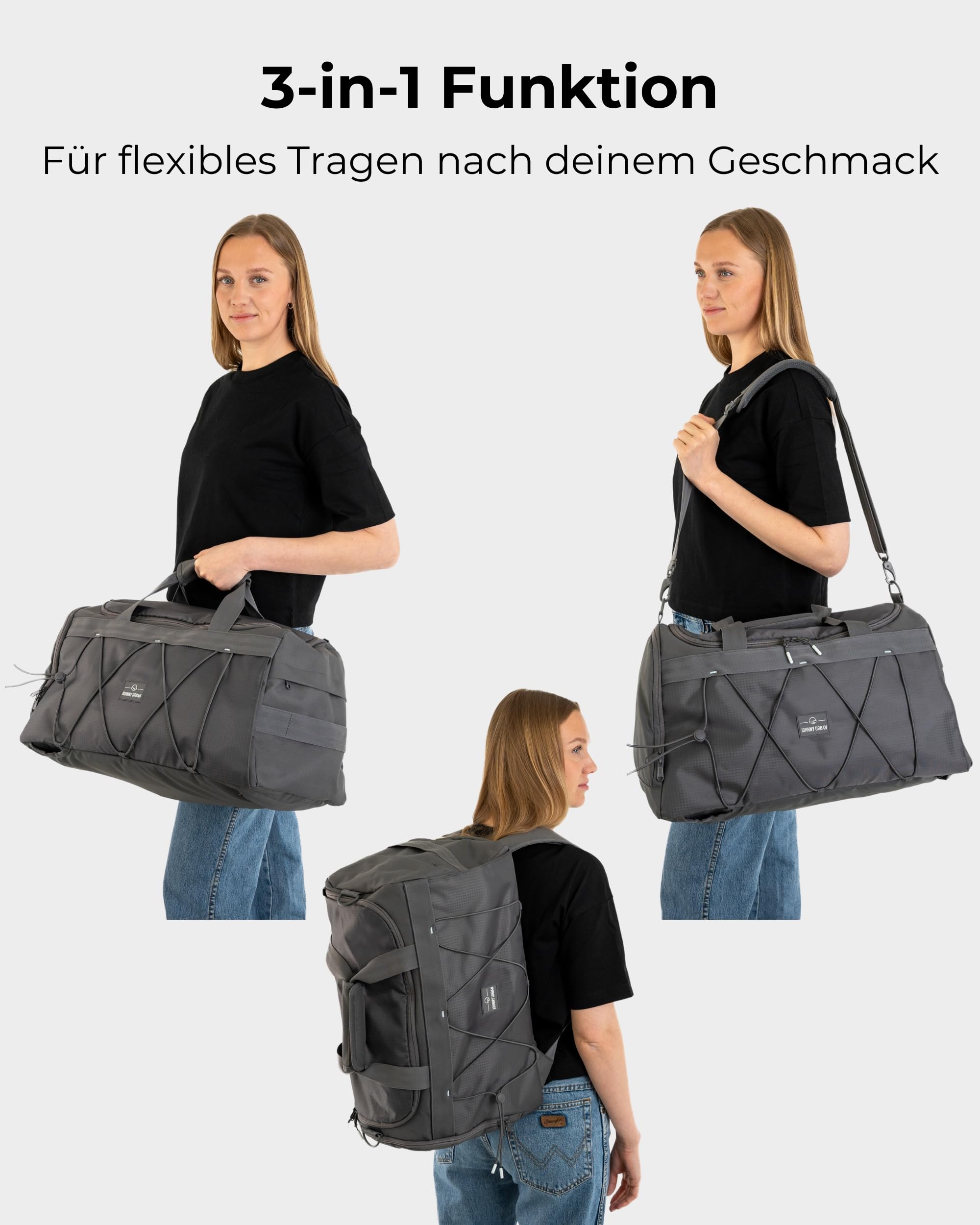 Johnny Urban Sporttasche Herren & Damen Grau - Shawn - 2 in 1 Tasche mit Rucksackfunktion für Reise Fitness Ausflüge - Multifunktionale Gym Bag mit Schuhfach - Wasserabweisend