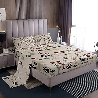 Homewish Dog Paw Print Sheet Set Twin,Bone Pattern Bedding Set for Kids Teens Girls Boys,Pet Animal Cartoon Bed Sheet Set 3pcs with Deep Pocket Fitted Sheet + Flat Sheet + 1 Pillowcase