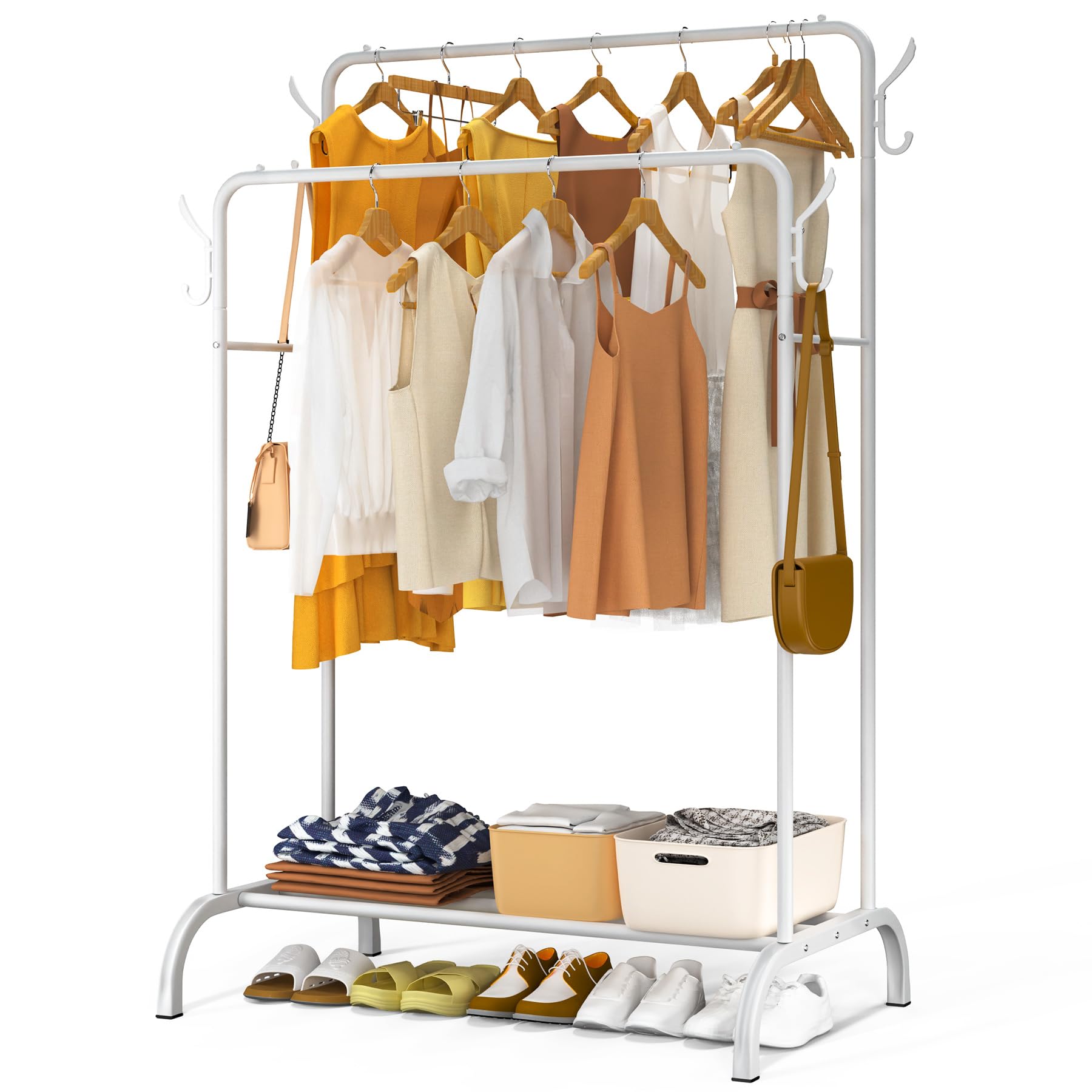 VOUNOT® Double Hanging Clothes Rail with Shoe Shelves and 4 Side Hooks, Metal Open Wardrobe, Heavy Duty Clothing Rack for Bedroom, Dressing Room, and Hallway, 110x58x150cm, White — image 1