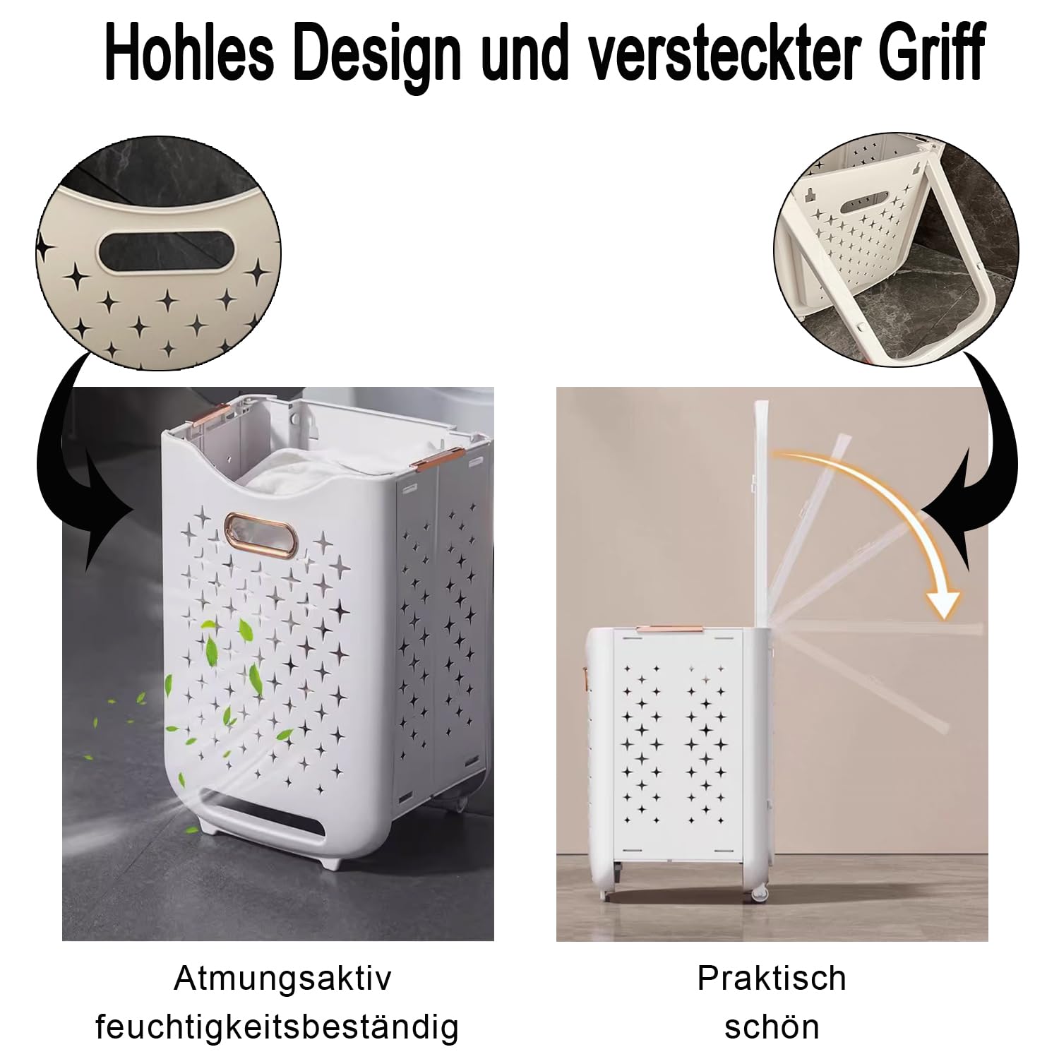 Hooha 2er Stapelbar Wäschekorb mit henkel&Rollen 34.5cm X 26cm X 75cm Wäschewage 77 Liter 7cm Faltbar Kunststoff Wäschesammler für Waschküche/Küche/Bathroom/Spielzeugzimmer/Schlafzimmer Weiß