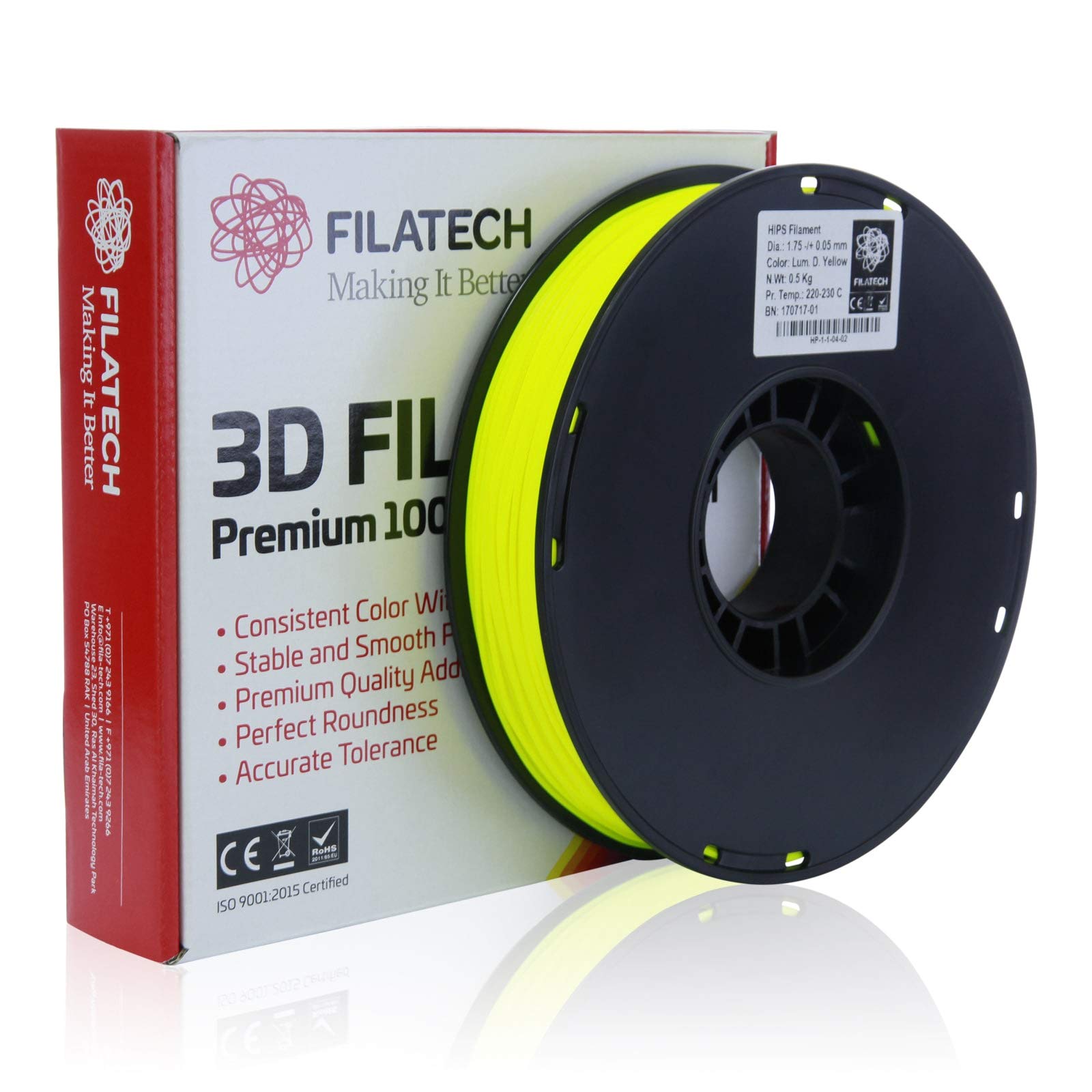 Filatech HIPS Filament, Lumin. Dark Yellow, 1.75mm, 0.5 kg, Made in UAE