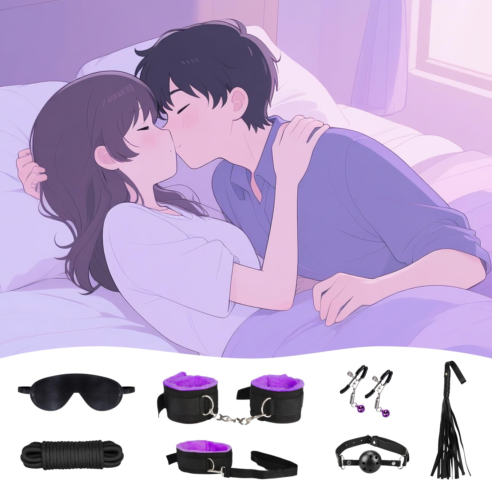 Set de bondage premium de 39 piezas, kit completo de sujeción, incluye juguetes sexuales para parejas y mujeres, ataduras y accesorios de bondage para la cama, color negro y morado