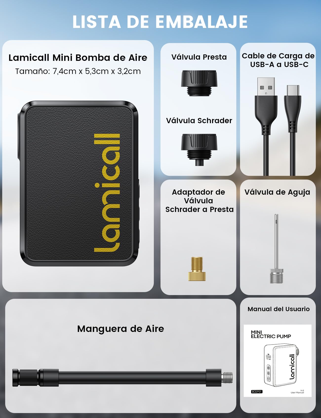 Lamicall Mini Bomba de Aire Bicicleta Eléctrica - [Ultraligera] 120 PSI Bomba Bici Portátil con Manómetro Digital & Parada Automático, 24 L/min, Inflador Ruedas Bicicleta de Carretera/Montaña/E-Bike