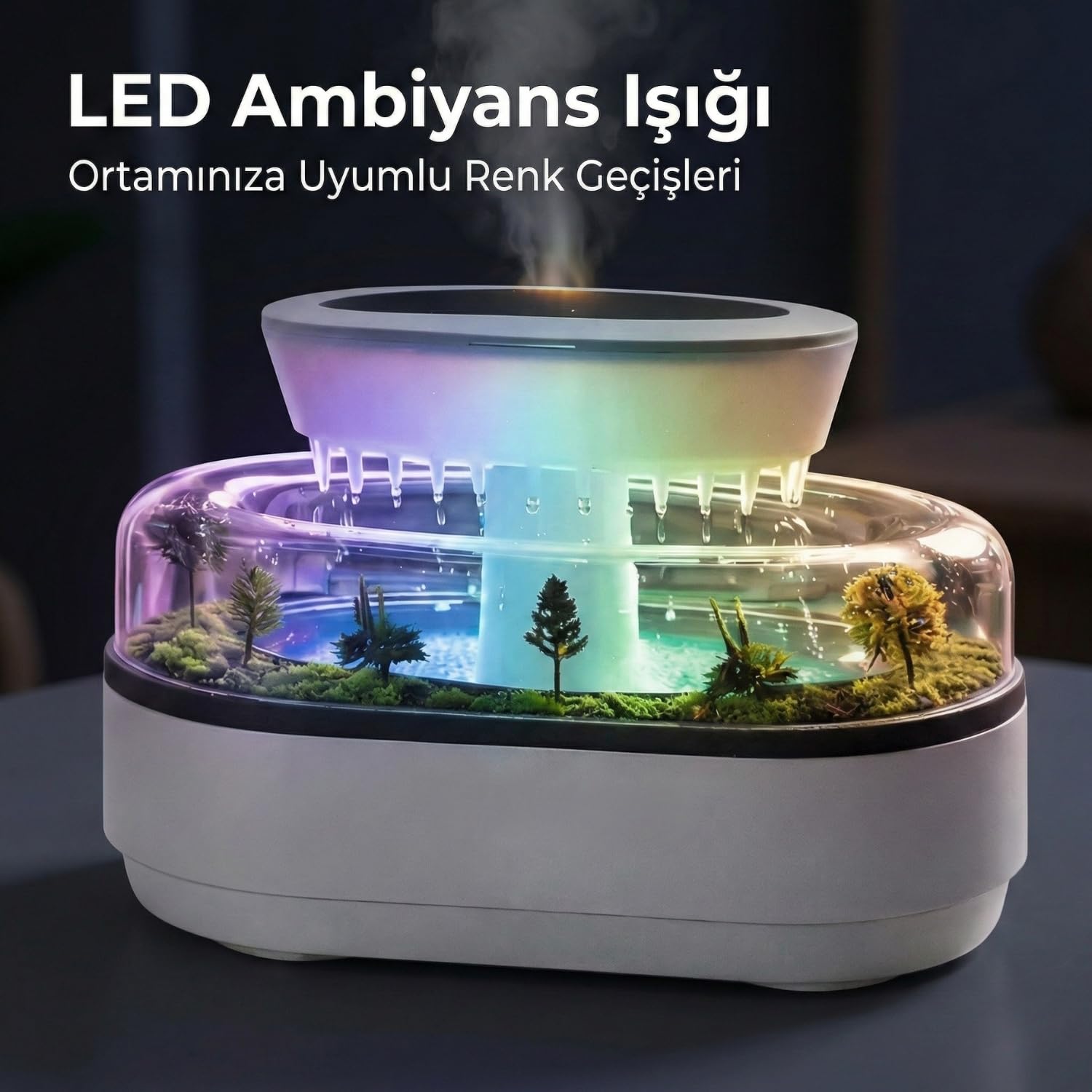 Aromaterapi Hava Nemlendirici, Yağmur Damlası Efekti ve Rahatlatıcı Doğa Sesleri, 7 Farklı LED Ambiyans Işıklı, Aromaterapi Yağı Eklenebilir, Ultrasonik Buhar Teknolojili Ortam Nemlendirici Difüzör
