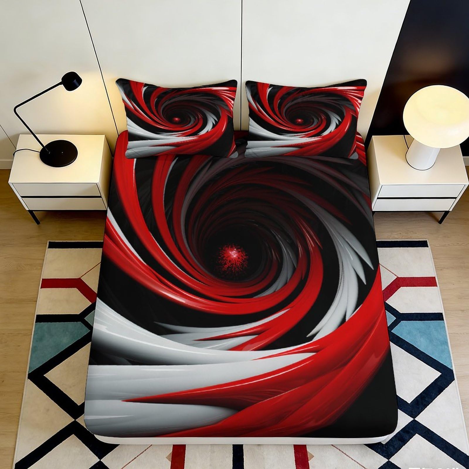 3D Printed Red Black Swirl Fitted Sheet Microfiber Soft Breathable Abstract Spiral Mattress Cover for Bedroom Dormitory Guest Room Mattress Protection Decor 160x200x25cm