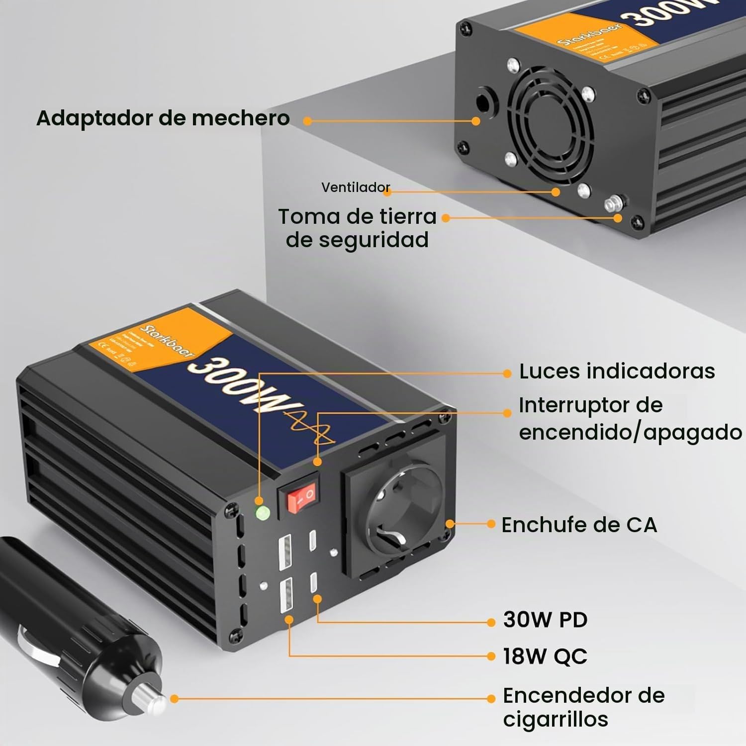 300W/600W Inversor 12V 220V Onda Pura Transformador, Inversor para coche, convertidor de corriente con 4 puertos USB y 1 salida CA. Fuente de alimentación al aire libre, aleación de aluminio