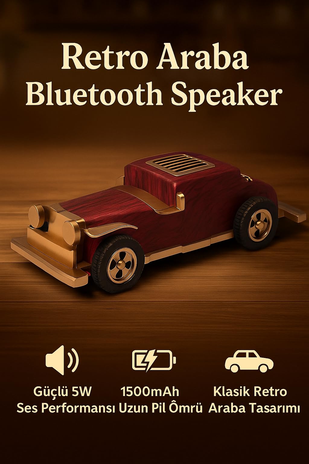Coverzone Retro Klasik Araba Şekilli Kablosuz Bluetooth Hoparlör – 1500mAh Şarjlı, BT/TF/USB Destekli, 5W Güç Çıkışı, 10m Menzil, Telefon Standlı Dekoratif Müzik Hoparlörü | B2