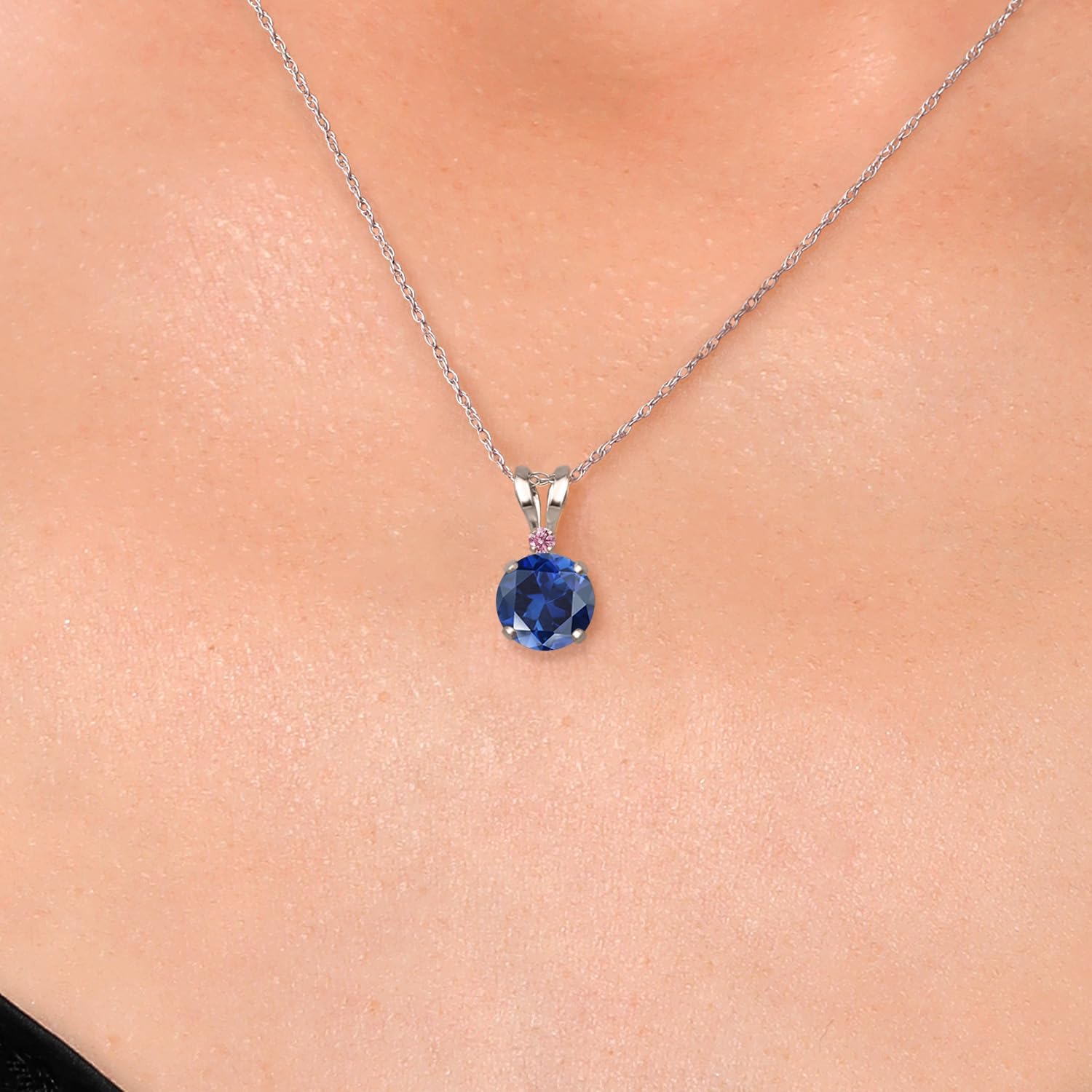 Gem Stone King 14K White Gold Blue Created Sapphire and Pink Lab Grown Diamond Pendant Necklace for Women | 1.02 Cttw | Gemstone September Birthstone | Round 6MM | With 18 Inch Chain - Image 3