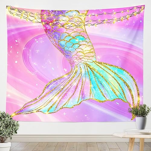 Manfei Tapiz de sirena con purpurina dorada para colgar en la pared para niños y niñas, decoración de habitación de niños y niñas, tapices coloridos