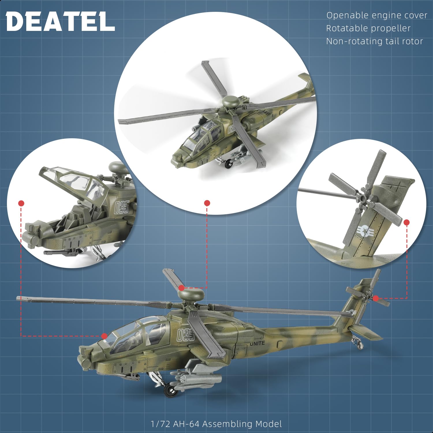SEBUNAS 1:72 Scale AH-64 Army Helicopter Model Kit Plastic Toy Assembly Military Helicopter Model Collection or Gift for Adults and Kids (25 Pieces) - Image 3