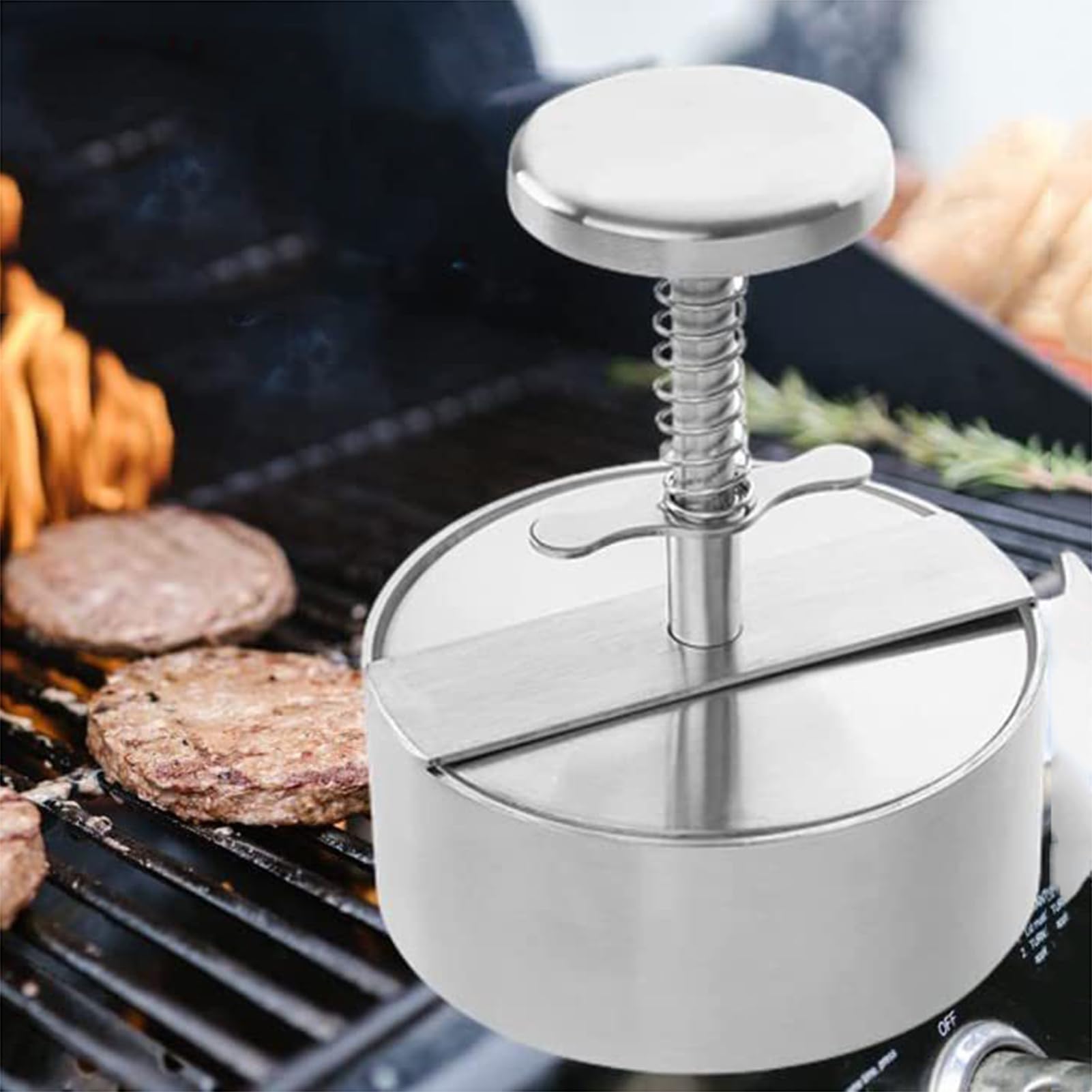 Edelstahl-Pattypresse, manuelle federbelastete Burgerpatty-Form, DIY-Reisbällchen-Füllform – ideal für Heimküchen, Grillpartys, Cafés und Restaurants,Silber,14 x 5 x 11.4 cm