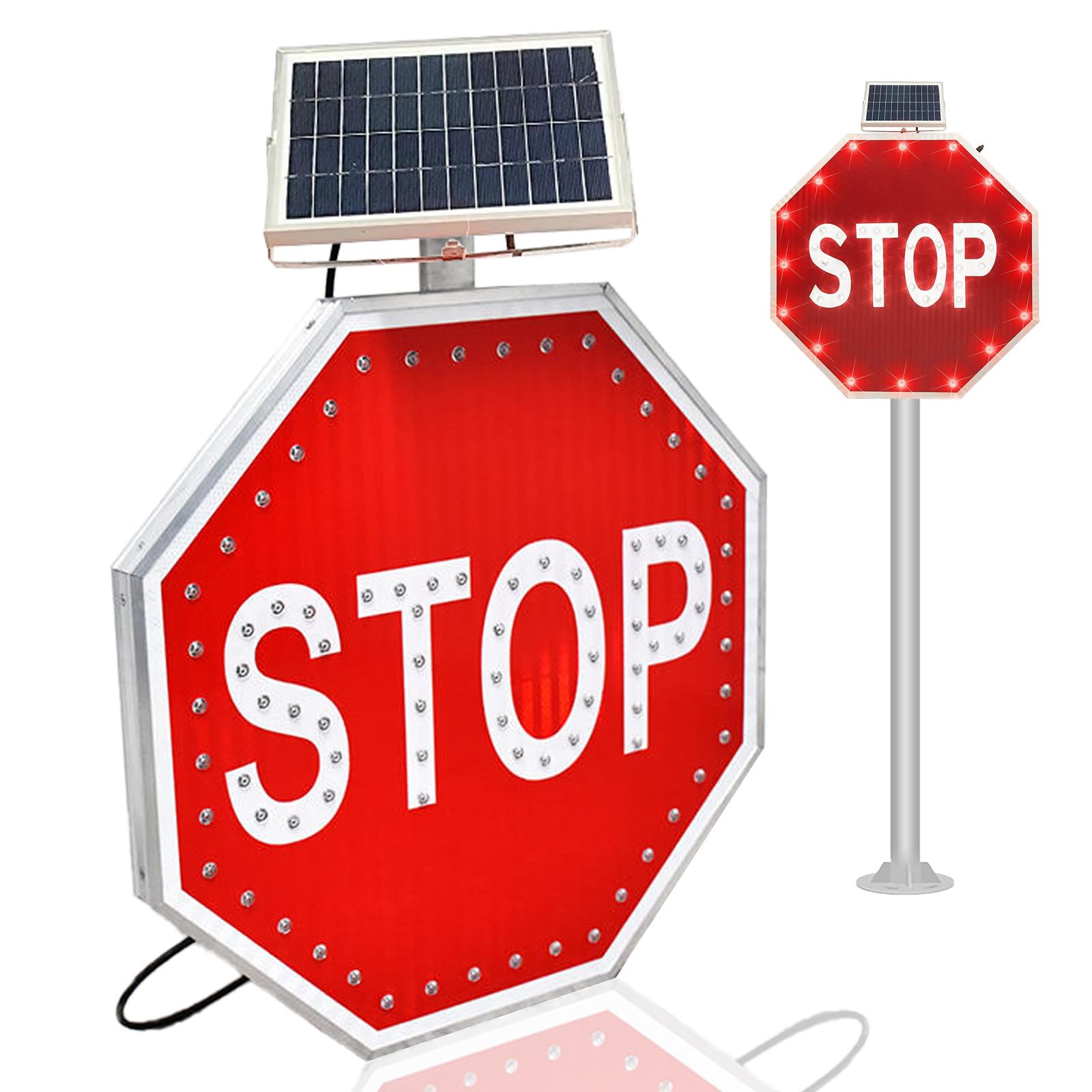 Solarny znak stop LED 76 cm – odblaskowy, antykorozyjny aluminium, wodoodporny znak bezpieczeństwa na zewnątrz, 76 x 70 cm, do autostrad, trwałe urządzenie do kontroli ruchu