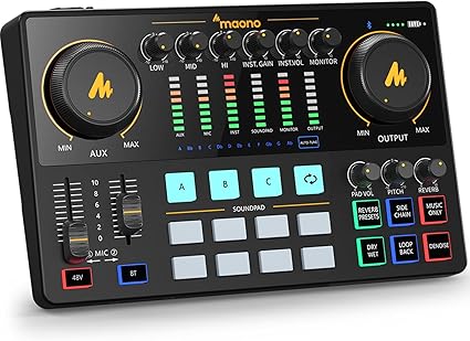 MAONO Audio Interface, MaonoCaster 10-Channel Podcast mixer with Pro-preamp, 48V Phantom Power, Bluetooth, 11 Customize sound pads for Recording, Streaming, Youtube, TikTok, PC, Guitar (AME2)