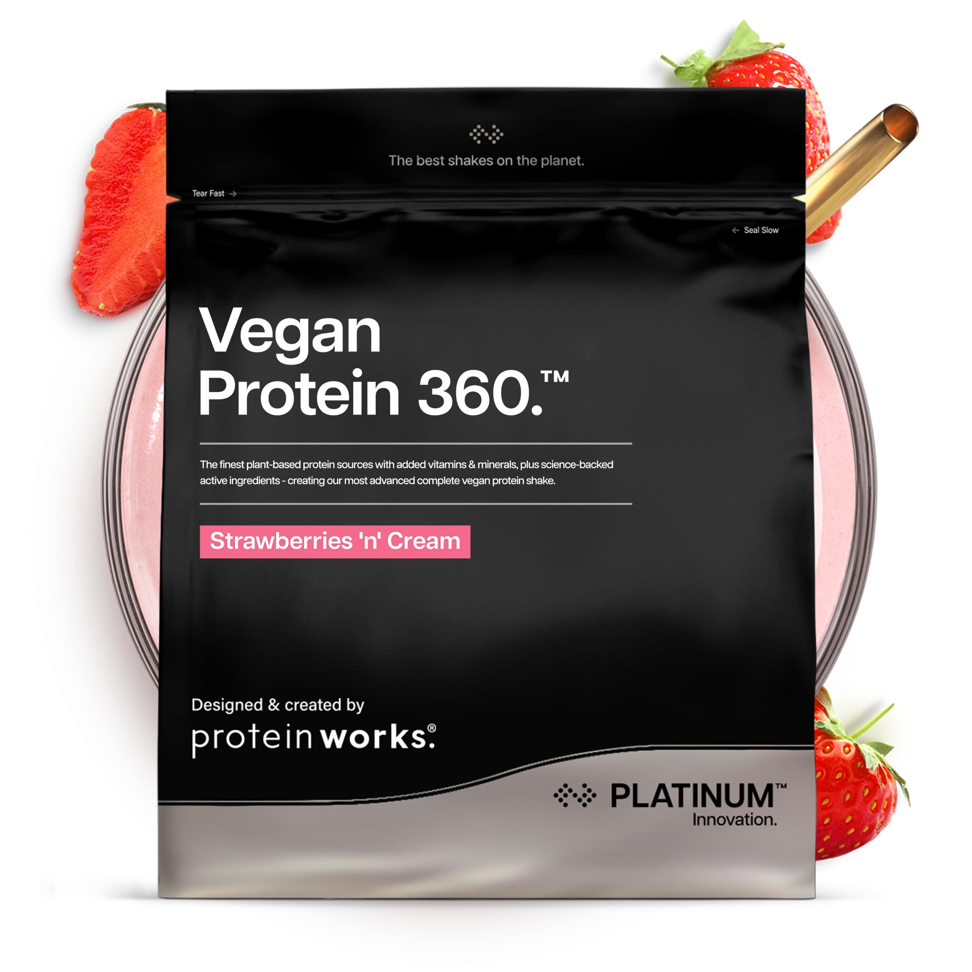 Protein Works | Vegan Protein 360 - Platinum Innovation, Premium Vegan Protein Powder, Plant-Based Protein Shake, Essential Vitamins & Minerals, Low Sugar, Strawberries 'n' Cream, 28 Servings, 1kg
