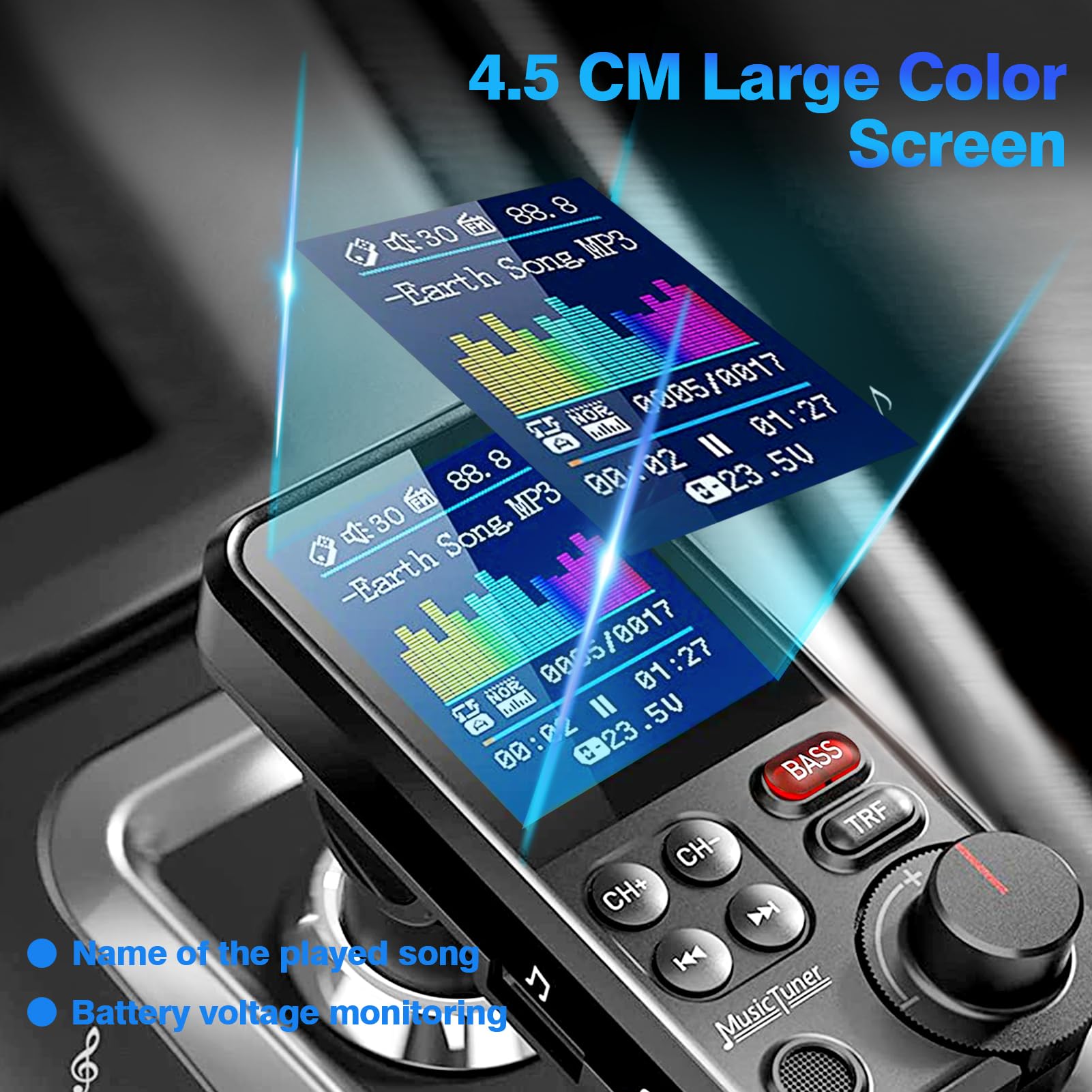 Bluetooth Auto FM Trasmettitore, Adattatore Musica Accendisigari per Autoradio, Supporto QC3.0 per Ricarica Rapida USB, Lettore MP3, Bassi Profondi, Display da 4.5CM