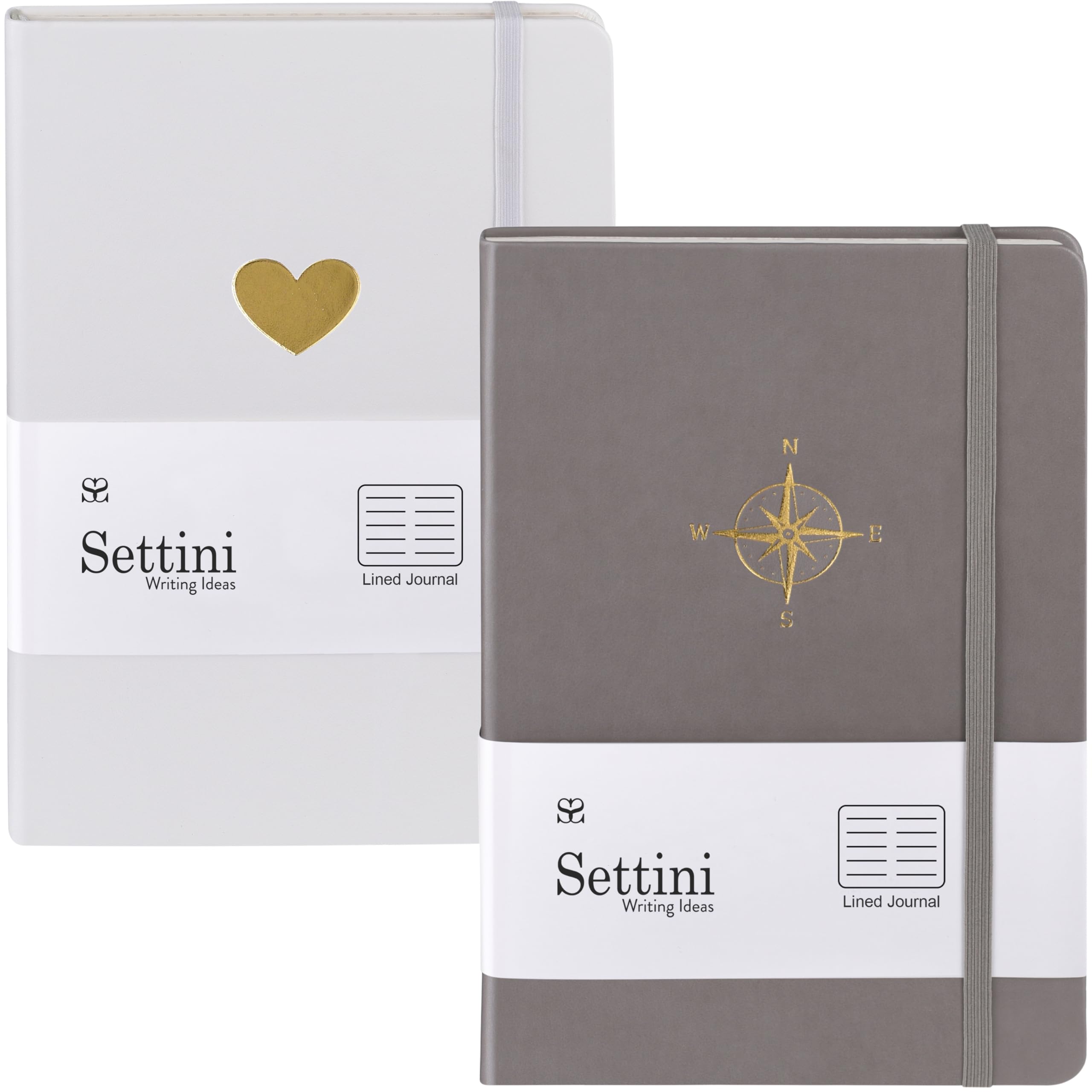 SETTINI® Grey Compass & White Heart Journal Bundle - A5 Notebook (8.5 x 5.5 inches), 192 Lined Pages, Hardcover, Lay Flat Design - Elastic Closure, Bookmark & Pocket - Ideal Gift Set for Men & Women
