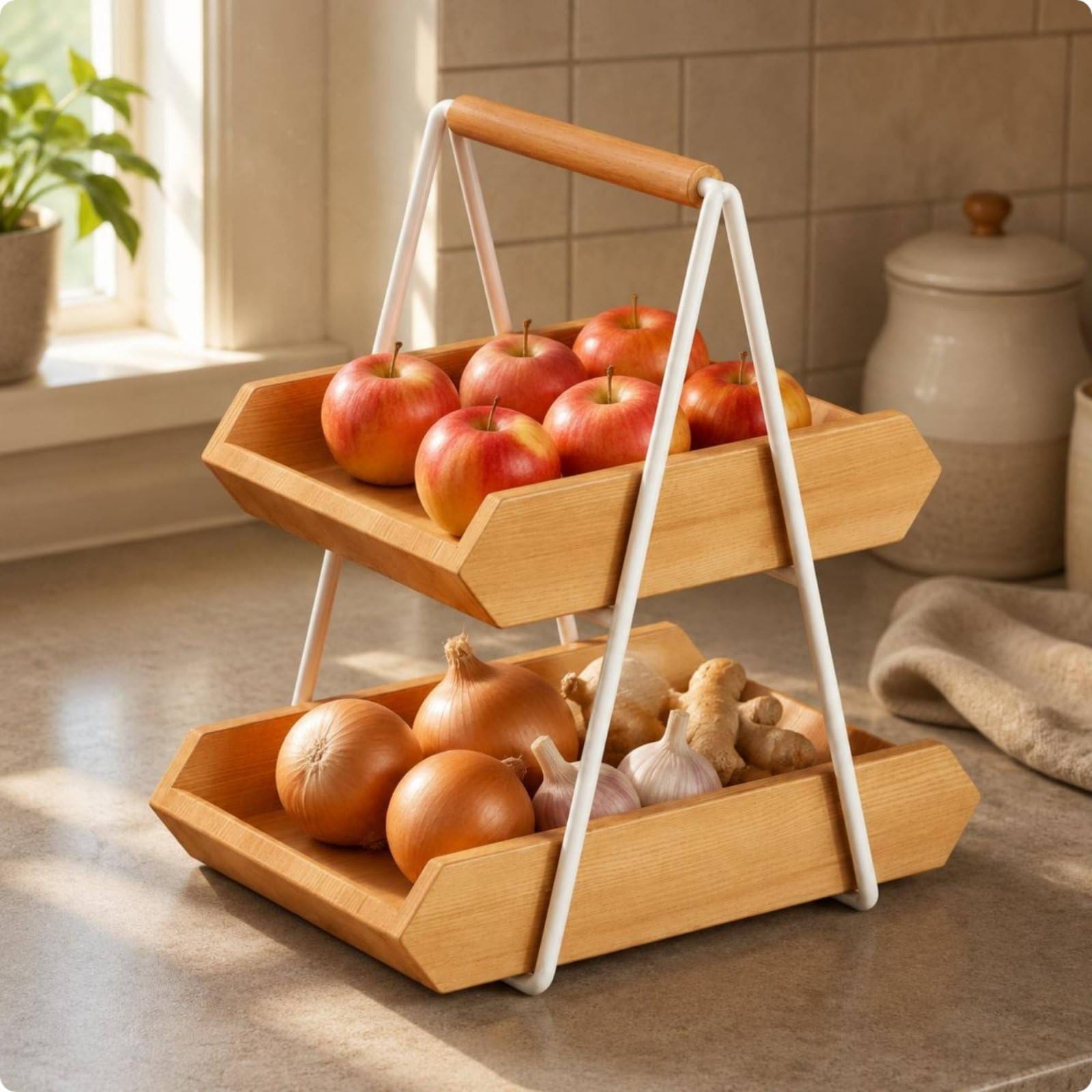 Küchen Aufbewahrungsregal Tischregal Gewürzregal Korbständer Zweistufig Holzoptik mit Griff Stabile Konstruktion aus Gummibaumholz Und Eisen für Lebensmittel Obst Gemüse, color to 4, Groß