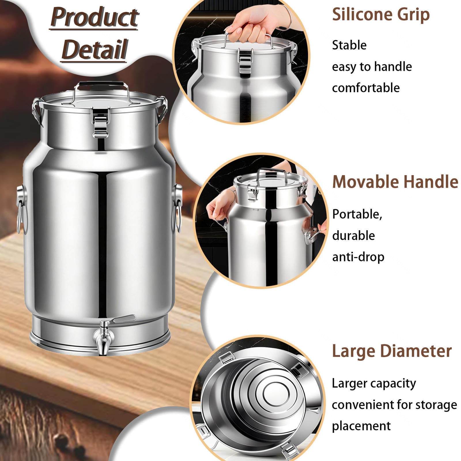 Bidón De Acero Inoxidable para Transporte De Leche con Grifo,A-30L | cubo acero Inoxidable para vino/recipiente para lácteos/bidón de leche/jarra con tapa sell,A-30L