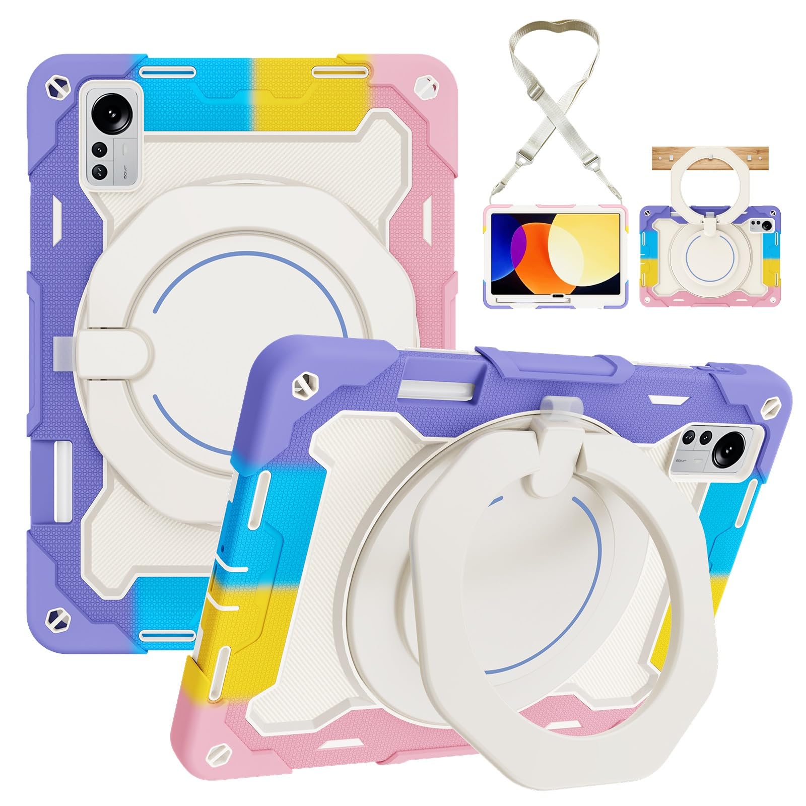 Custodia robusta per Xiaomi Mi Pad 5 Pro 12,4 pollici, supporto girevole a 360°, tracolla, portapenne e anello di presa, copertura antiurto per bambini e adulti (rosa viola)