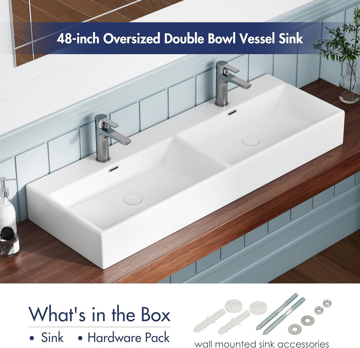 Eridanus Bathroom Vessel Sinks 48" x 16.5", Premium Wall Mount Bathroom Vanity Vessel Sink, Trough Floating Vessel Sink Rectangular, Lavabo para Baño, Ceramic Modern Bathroom Sink Art Washbasin