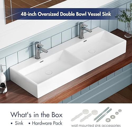 Vista 13 de Eridanus Lavabo rectangular de 43 x 16 pulgadas, lavabo de cerámica vítrea de dos agujeros, montaje en encimera y pared, lavabo flotante