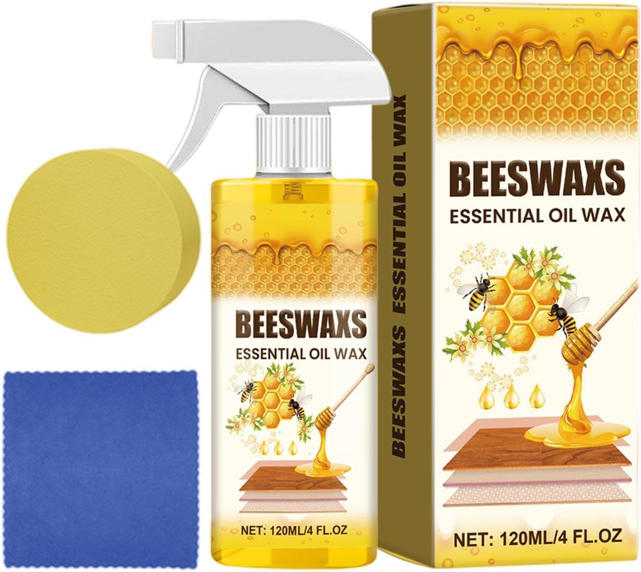Beeswax Furniture Restorer - Multifunctional Wood Cleaner Spray with Sponge and Towel for Surfaces Care | 120ml Polishing Treatmented for Floor Tables Chairs Living Room Indoor Home Maintenance