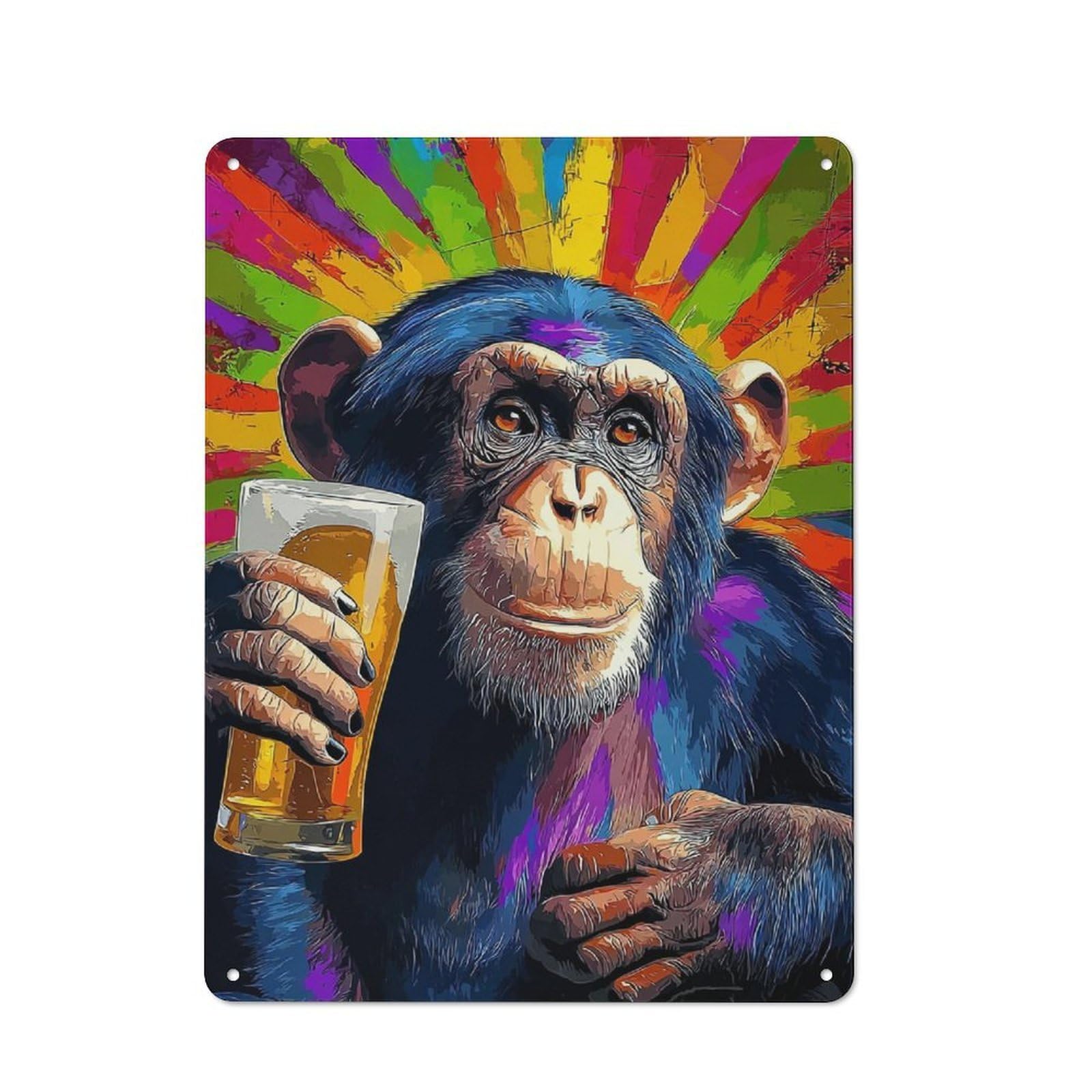 Junmoney Chimp With Beer Rainbow Background Metal Wall Sign 40X30cm Featuring For Garage Or Workshop, For Vintage Wall Decor Fans, For Metal Sign Collectors