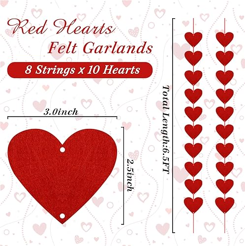 Vista 2 de 80 guirnaldas de fieltro de corazones rojos, cuerda para colgar, sin guirnalda de corazón de San Valentín, decoraciones de San Valentín