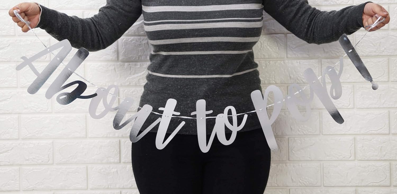 Inkdotpot Metallic Silver About to Pop Cursive Bunting Gender Reveal Bunting Flag Baby Gender Show Party Supplies Pregnancy Announcement - Image 4