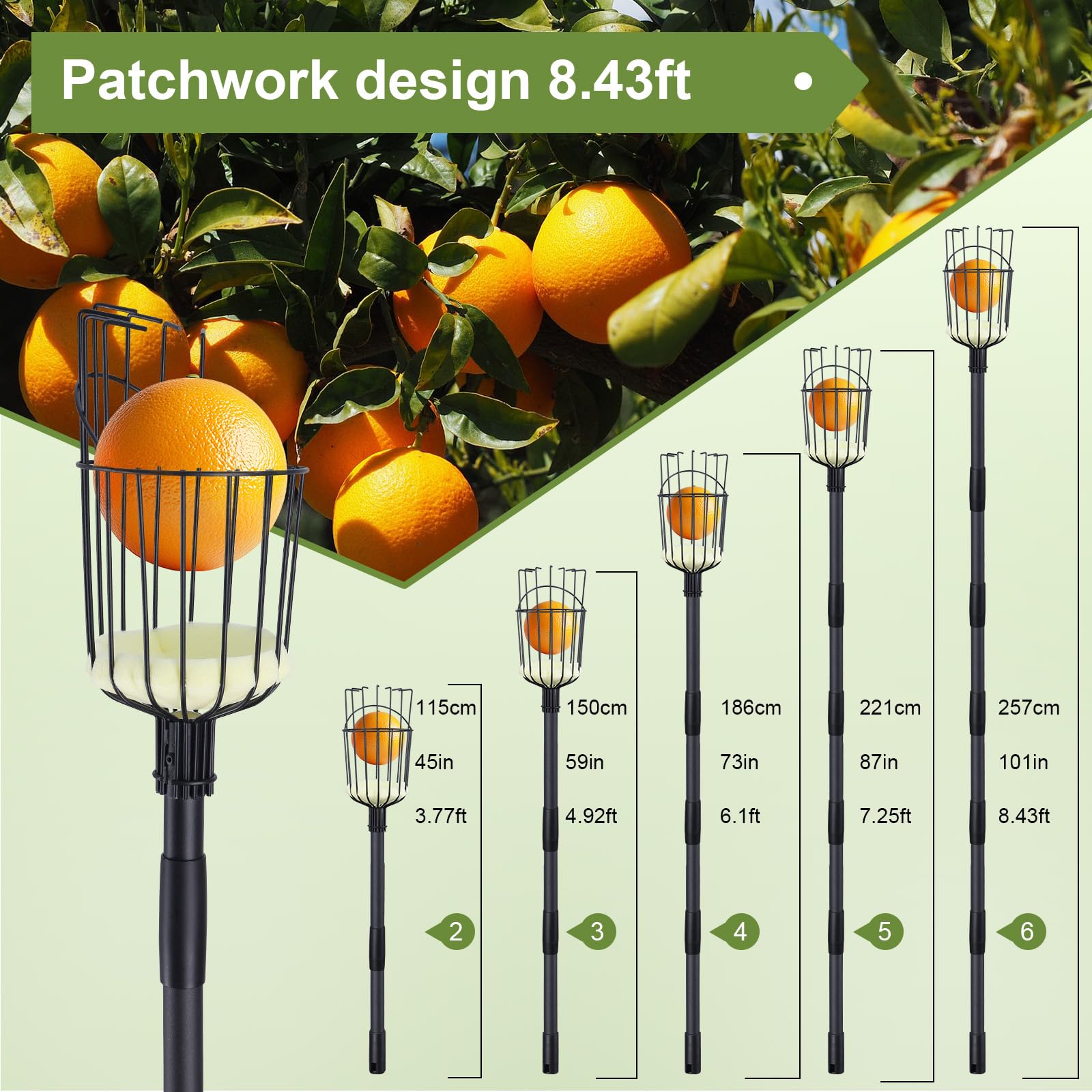 Recogedor de Frutas Ajustable de 115cm a 257cm, Recolector de Frutas, Palo para Recoger Manzanas, Duraznos,Peras