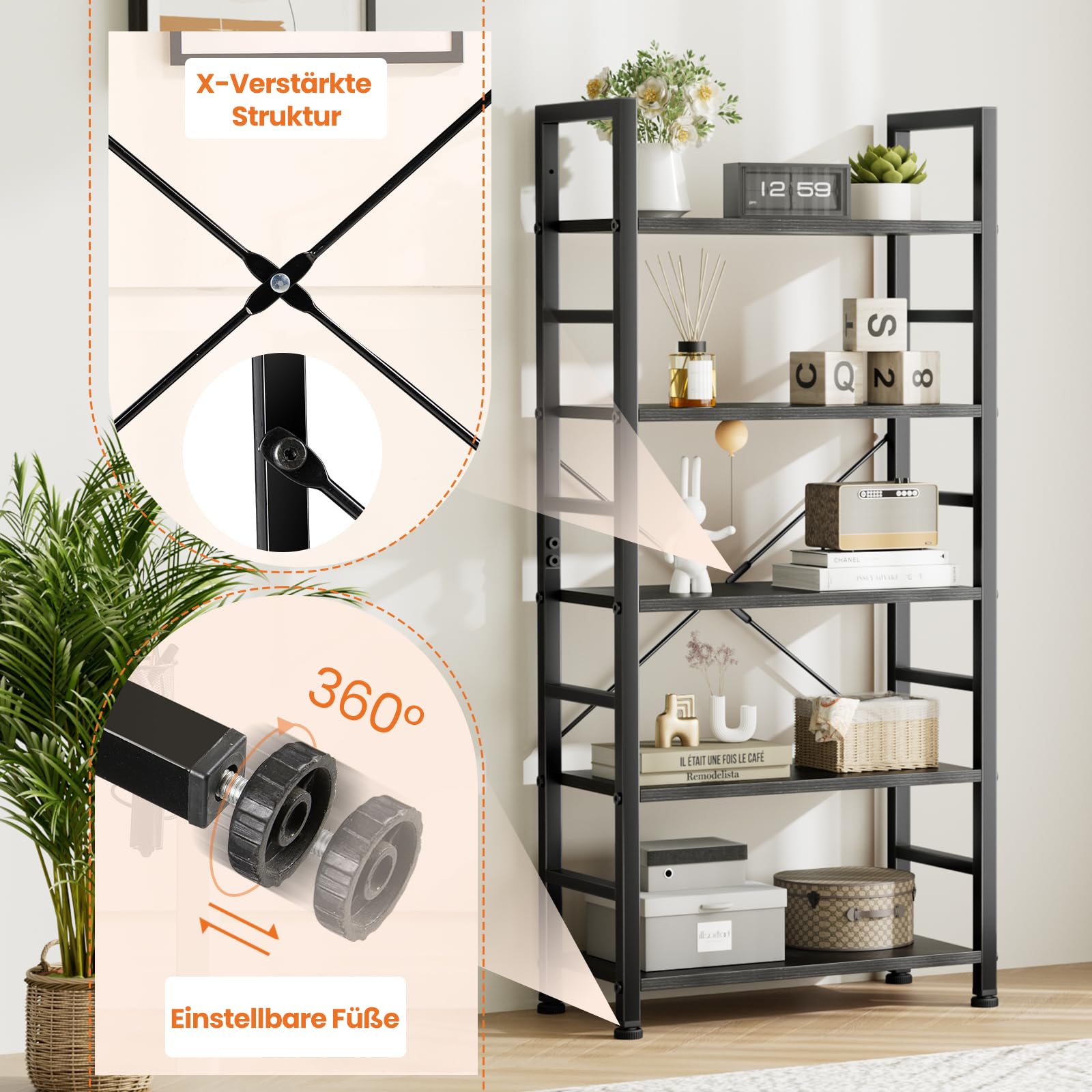 Sweetcrispy Regał na książki, 5 poziomów, regał stojący ze stalową ramą, regał magazynowy w stylu industrialnym, półki w salonie, kuchni, wąski regał do biura, sypialni, gabinetu, nowoczesny czarny,