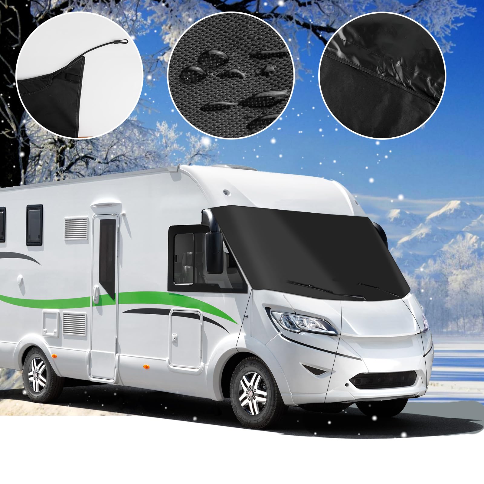 Funda para Parabrisas de Coche para Autocaravanas integradas, Funda Envoltura de Parabrisas de Lujo 600D para Clase A, Impermeable, Nieve, Hielo, Escarcha, Polvo, Sol (Negro) — view 6
