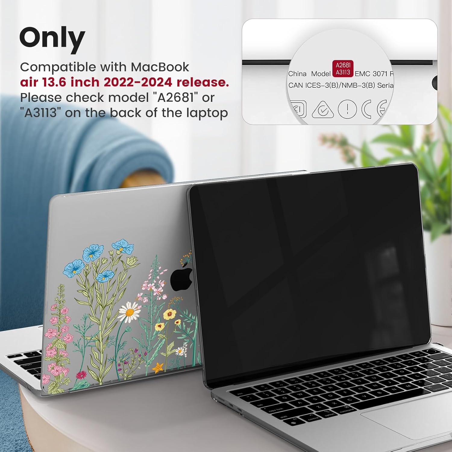 iCasso for MacBook Air 13 inch Case 2026 2025-2022 M4 M3 M2 Model A3240 A3113 A2681,[Ultra Thin Armor][100% Match Midnight], Air 13.6'' Flower Crystal Clear Hard Shell Protective Cover, Weeds