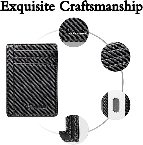 Miniatura 8 de Travelambo Cartera delgada de cuero minimalista con bolsillo frontal RFID que bloquea la textura de fibra de carbono Azul  Patchwork talla única