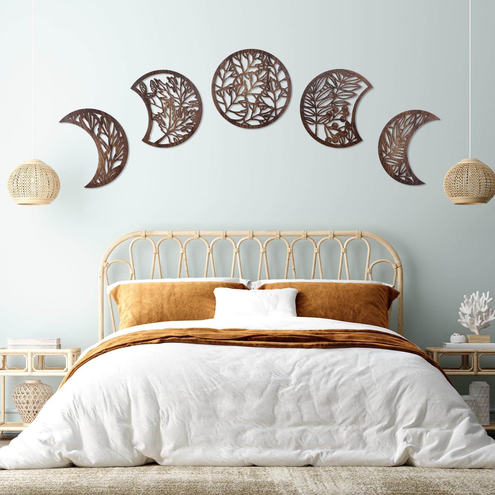 Jetec 5 Pcs Moon Phase Wall Art Decor Wall Pediments Hanging Wooden Phase Spiritual Bedroom Nordic Boho Lunar Aesthetic Art for Living Room Dorm