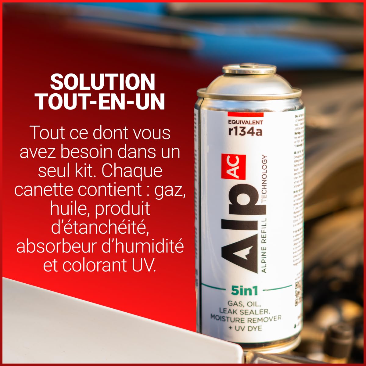 AlpAC 5-en-1 Recharge Climatisation Voiture R134a – Gaz Substitut avec Lubrifiant Compresseur, Anti-Fuite et Traceur UV – Kit Complet Entretien Clim Auto – Solution Économique DIY