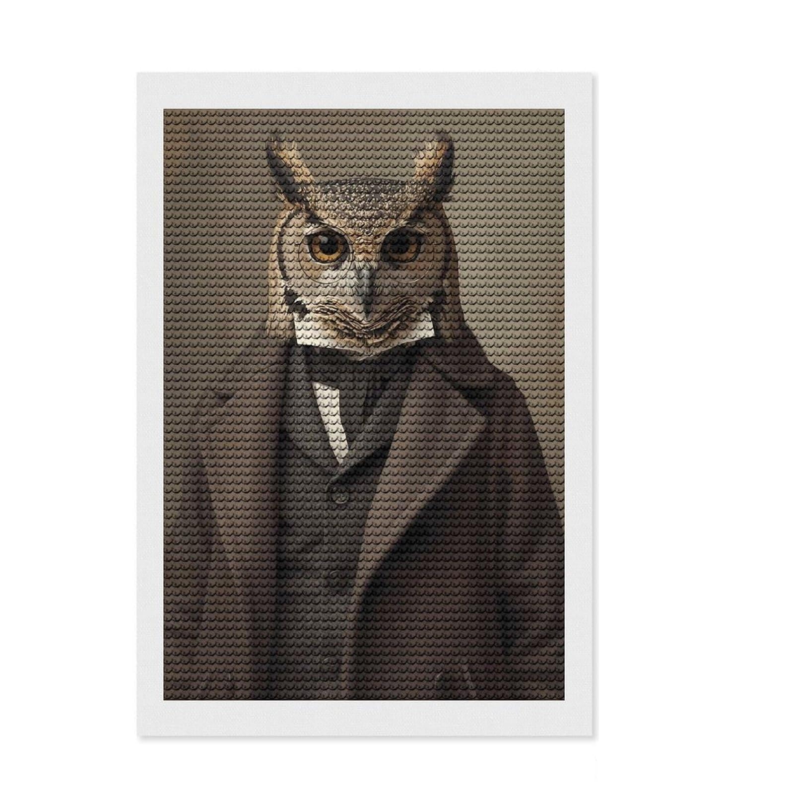 Junmoney Anthropomorphic Owl Portrait in Formal Attire Diamond Painting Canvas Set 8"x12", Nice Detail and Sparkle, Mindful Craft Activity, Boho Decor, Christmas Gift