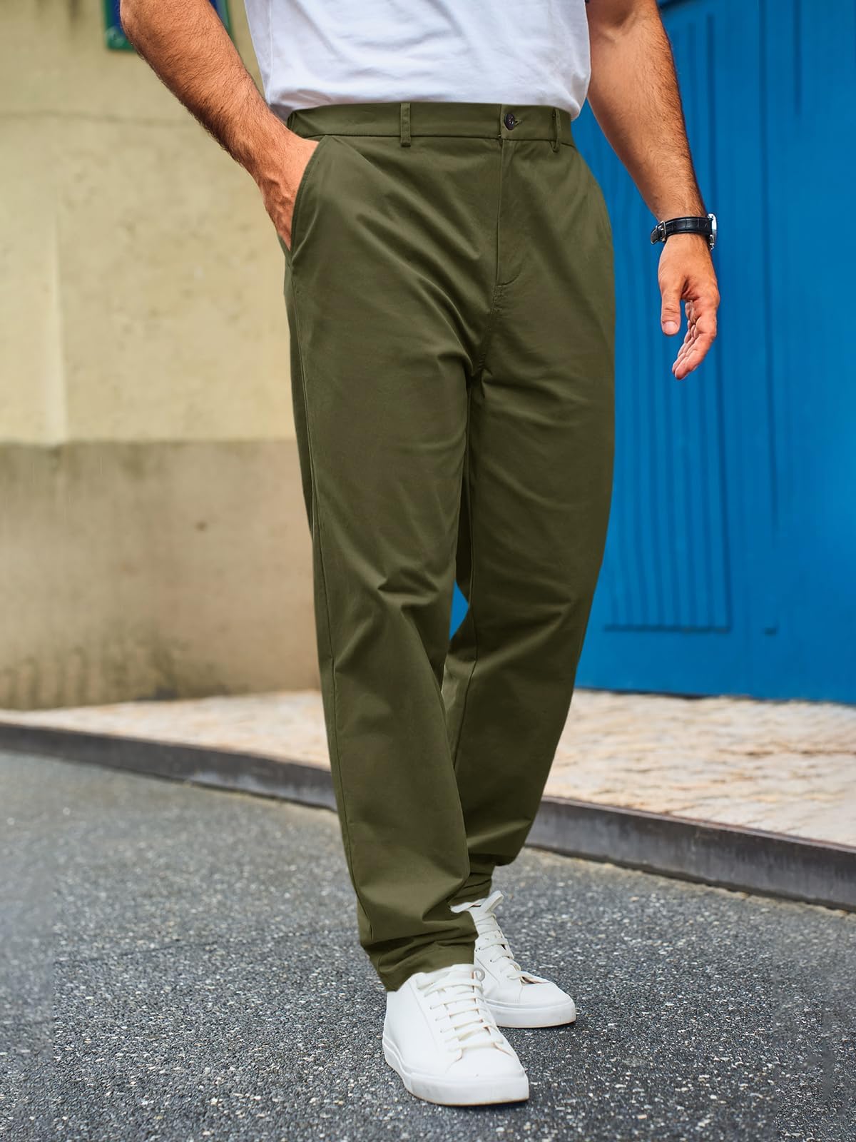 Runcati Pantalon chino pour homme - Coupe droite - Stretch - Couleur unie - En coton - Long - Léger - Avec taille élastique