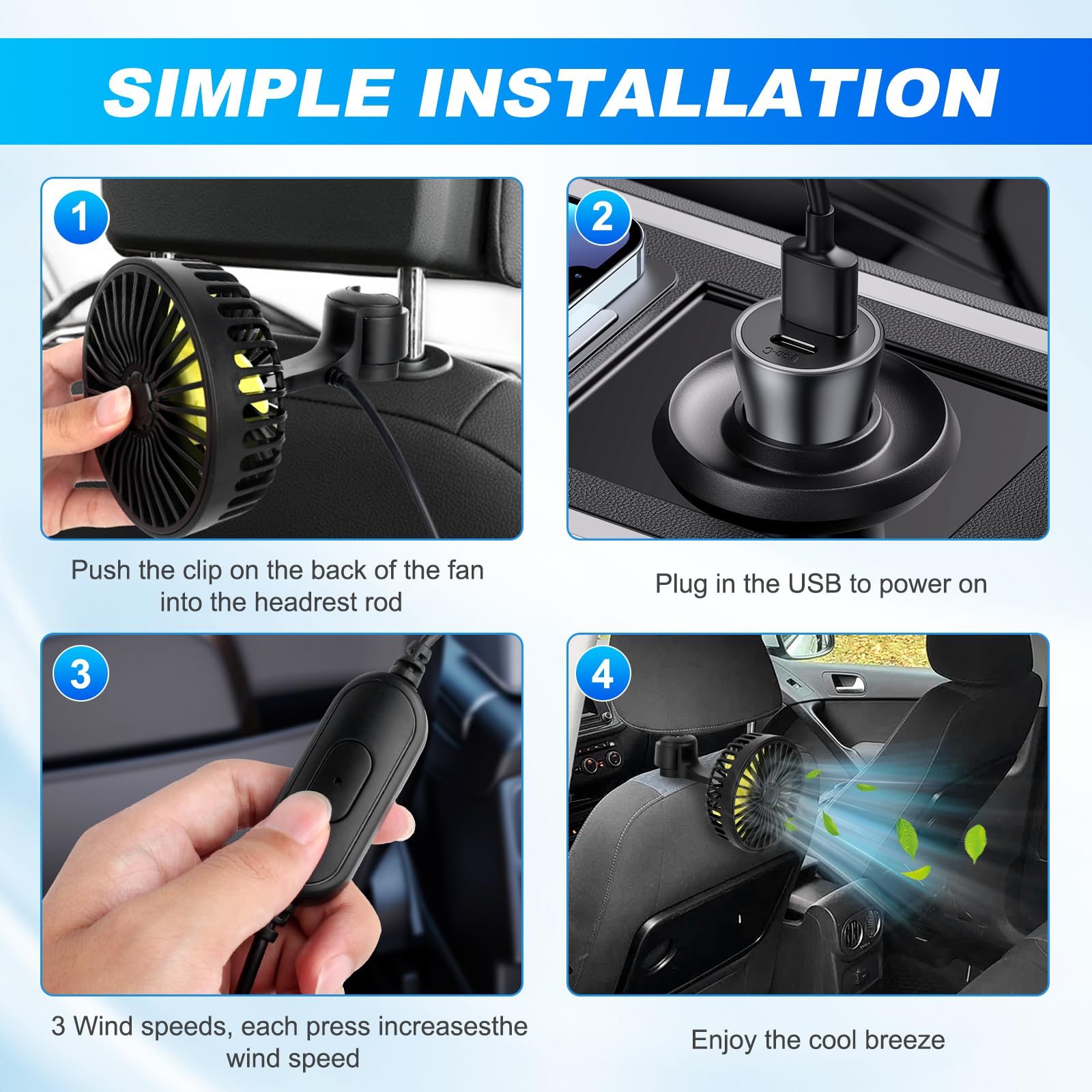Foreverup 12 V Ventilateur de Voiture, Ventilateur de siège arrière pour 3 Vitesses Réglables, Ventilateur USB pour Voiture Avec cinq pales de ventilateur，Silencieux pour SUV RV Bateau, Noir