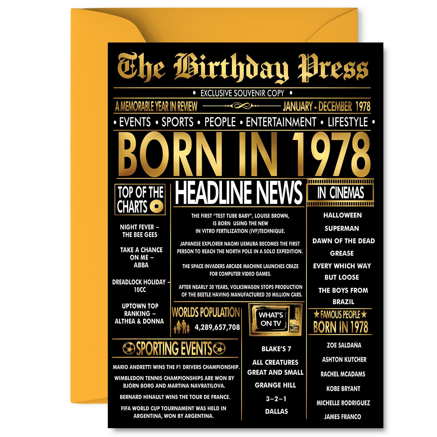 Gold 48th Birthday Card for Men Women - Black & Golden Newspaper Born in 1978 - Happy 48 Birthday Cards for Cousin Daughter Wife Dad Niece Brother, 5x7 Inch Bday Greeting Cards