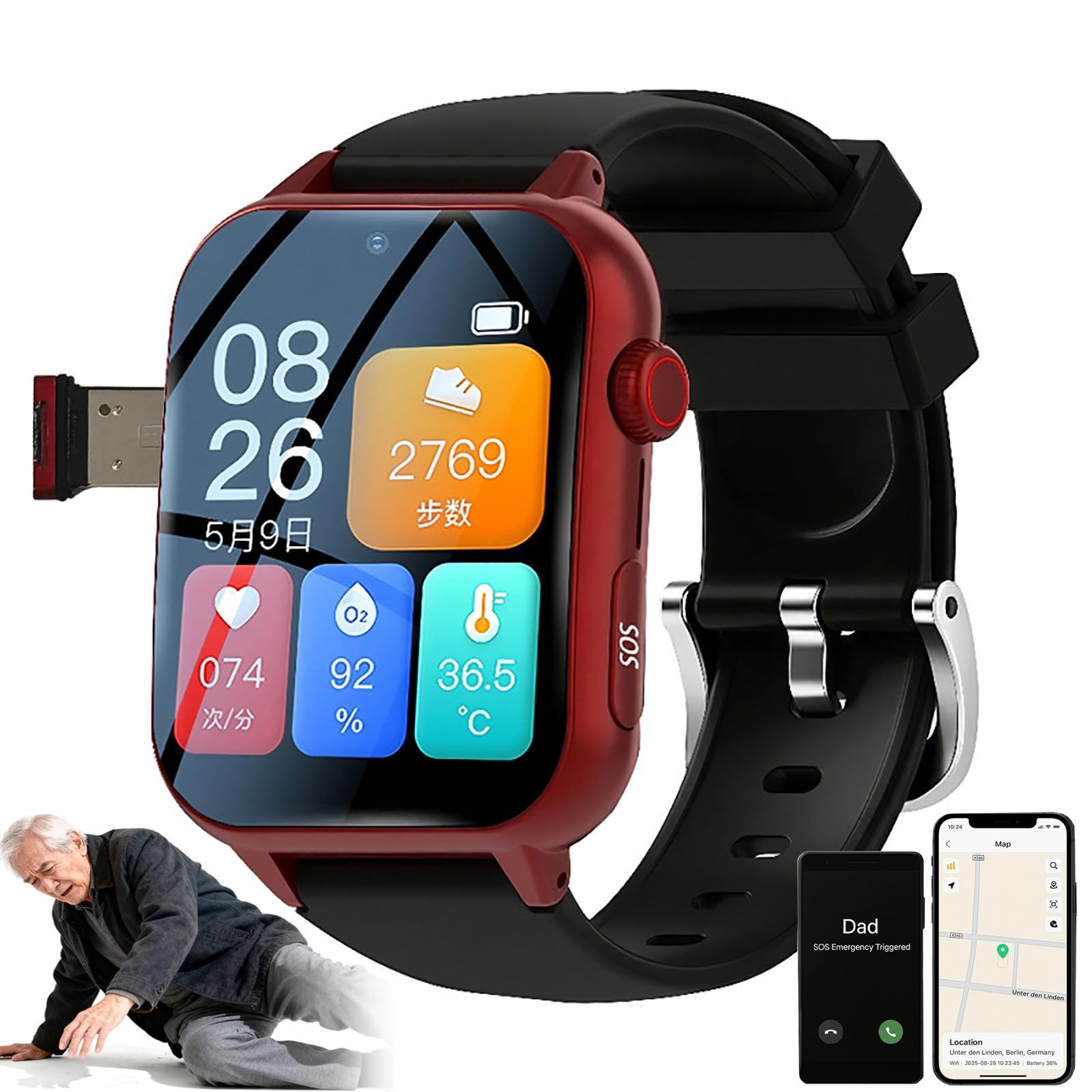 ZHZWwansuGE Fall Detection Watch for Seniors, 1.83'' 4G Senior Smart Watch, SOS Emergency Alert,GPS Tracker,Two-Way Calling, SIM Support, Multiple Languages, for Elderly Safety Red