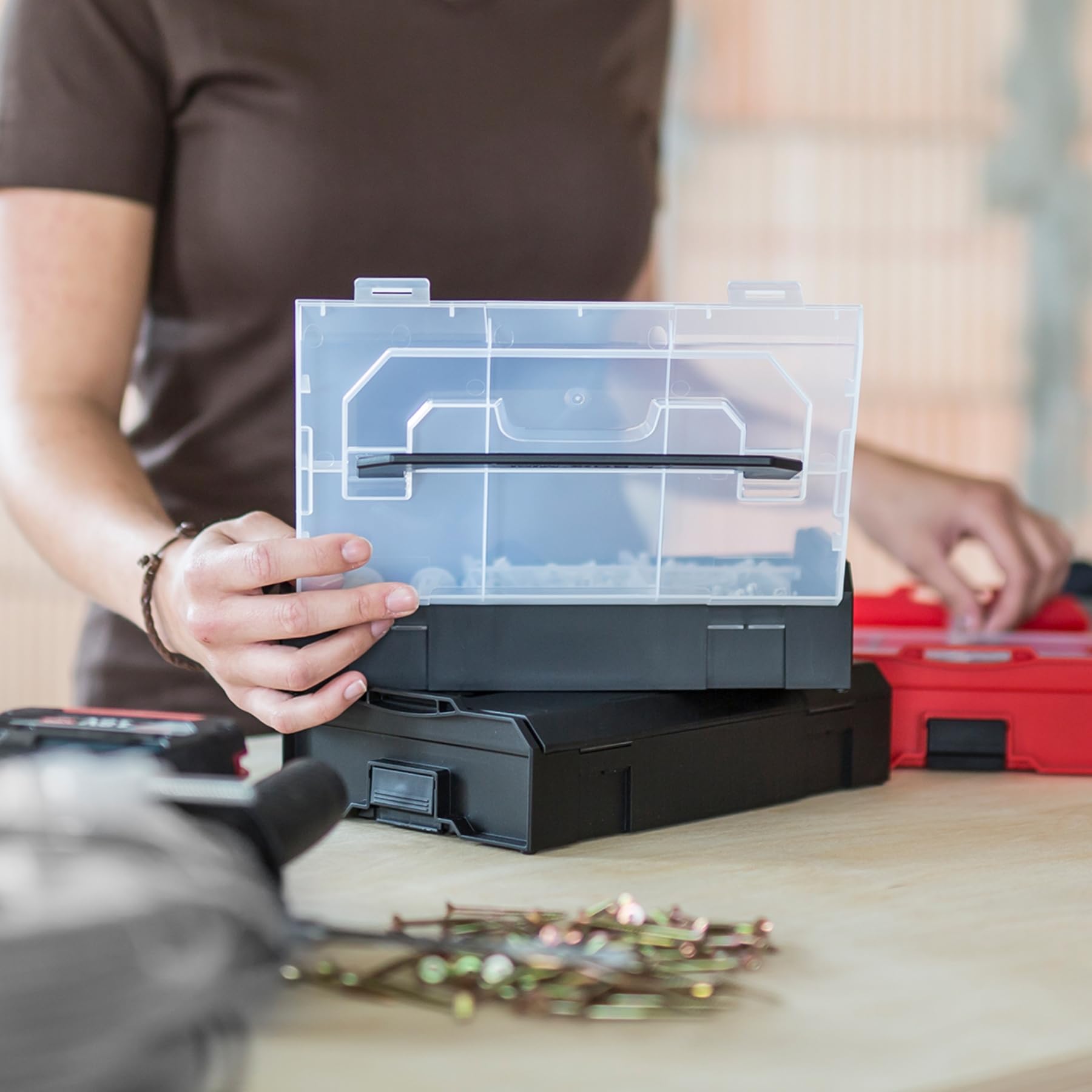 Bosch Sortimo L-BOXX Mini-Werkzeugkoffer | 3er Set in Professional Blau mit transparentem Deckel | Sortimentskasten Schrauben und Dübel | Erstklassige Sortierboxen für Kleinteile