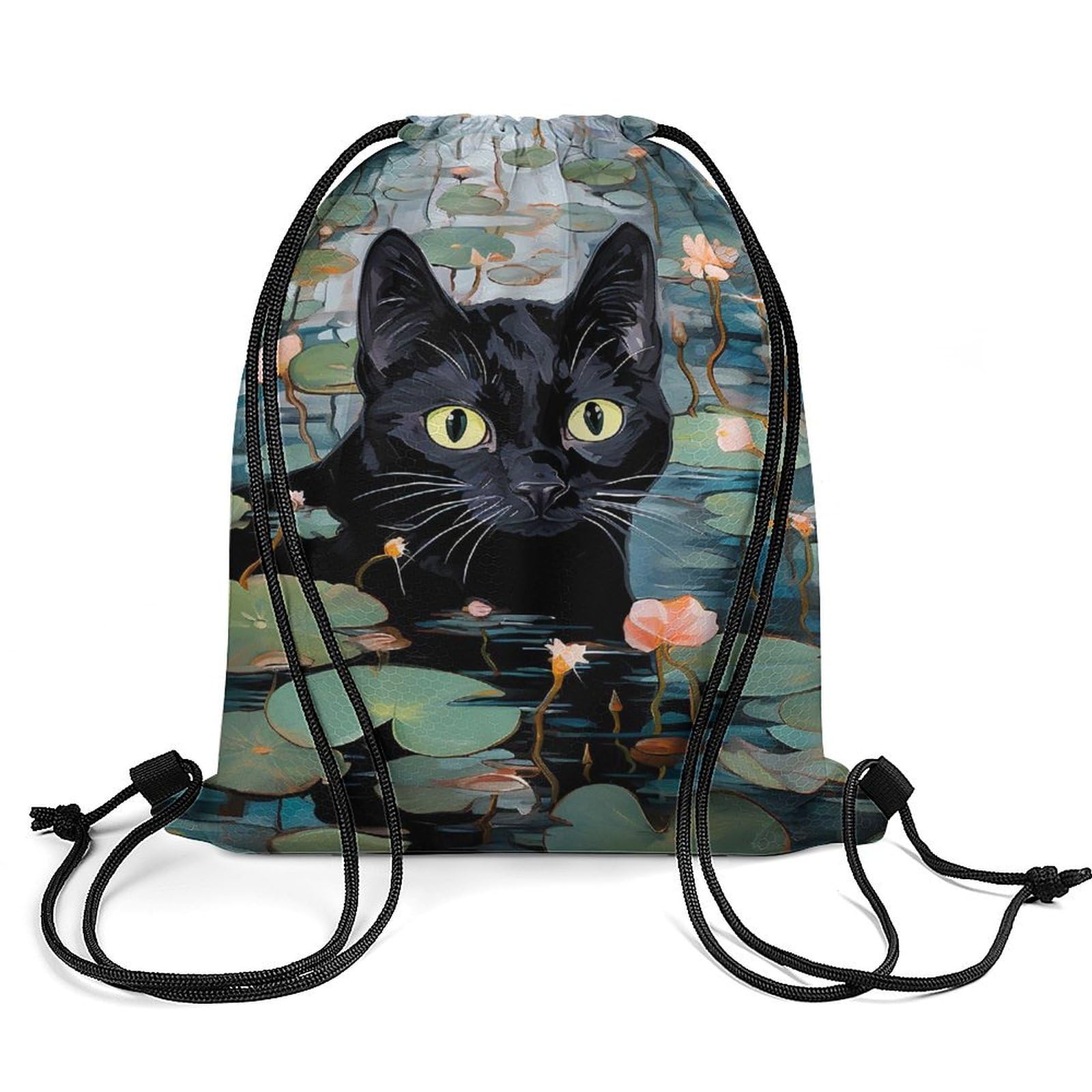 Funny Black Cat Water Lillies Drawstring Backpack Durable Sport Gym Bags Daypack for Men Women 35 * 42cm