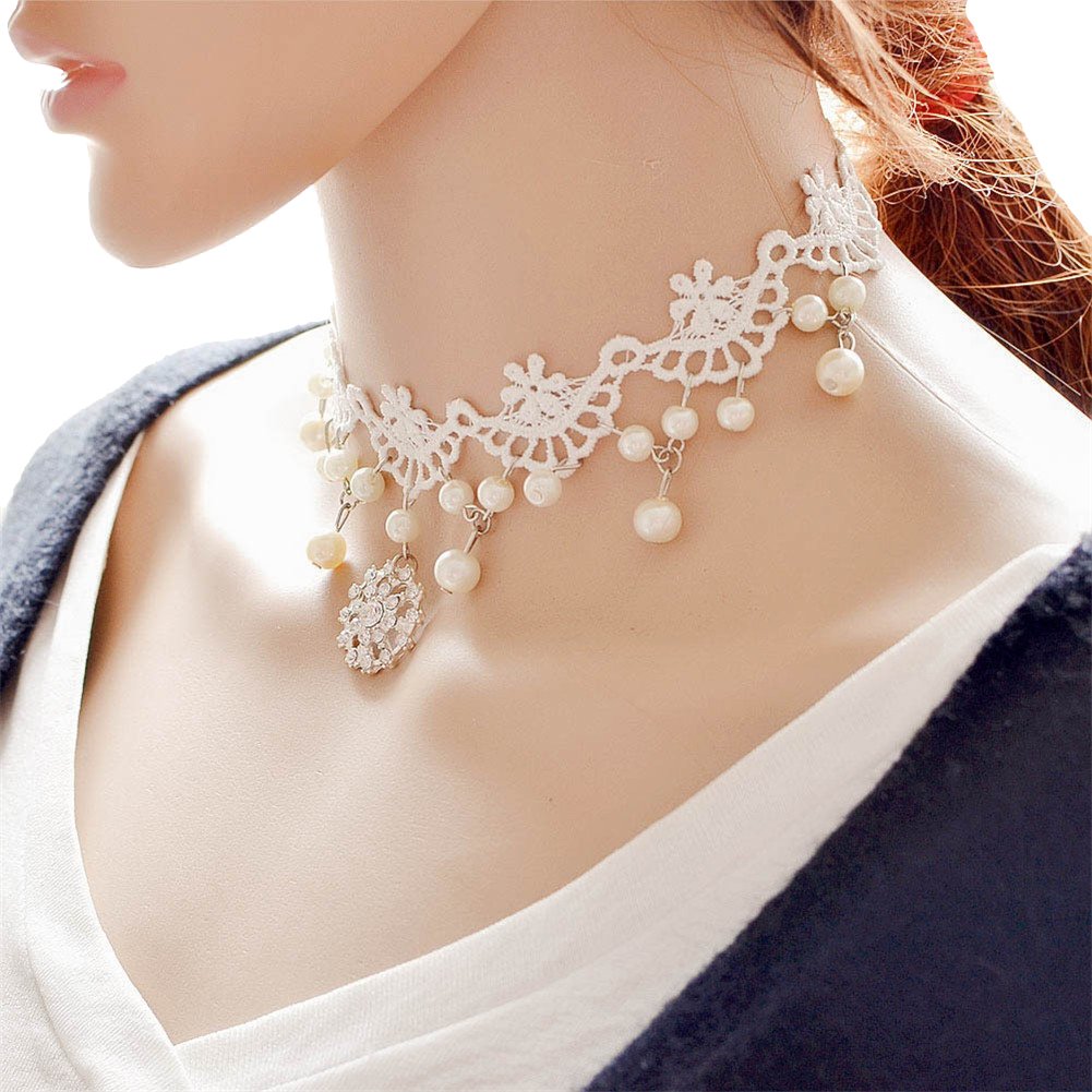 White Lace Choker Necklace Party Jewelry Crystal Pendant Fake Collar