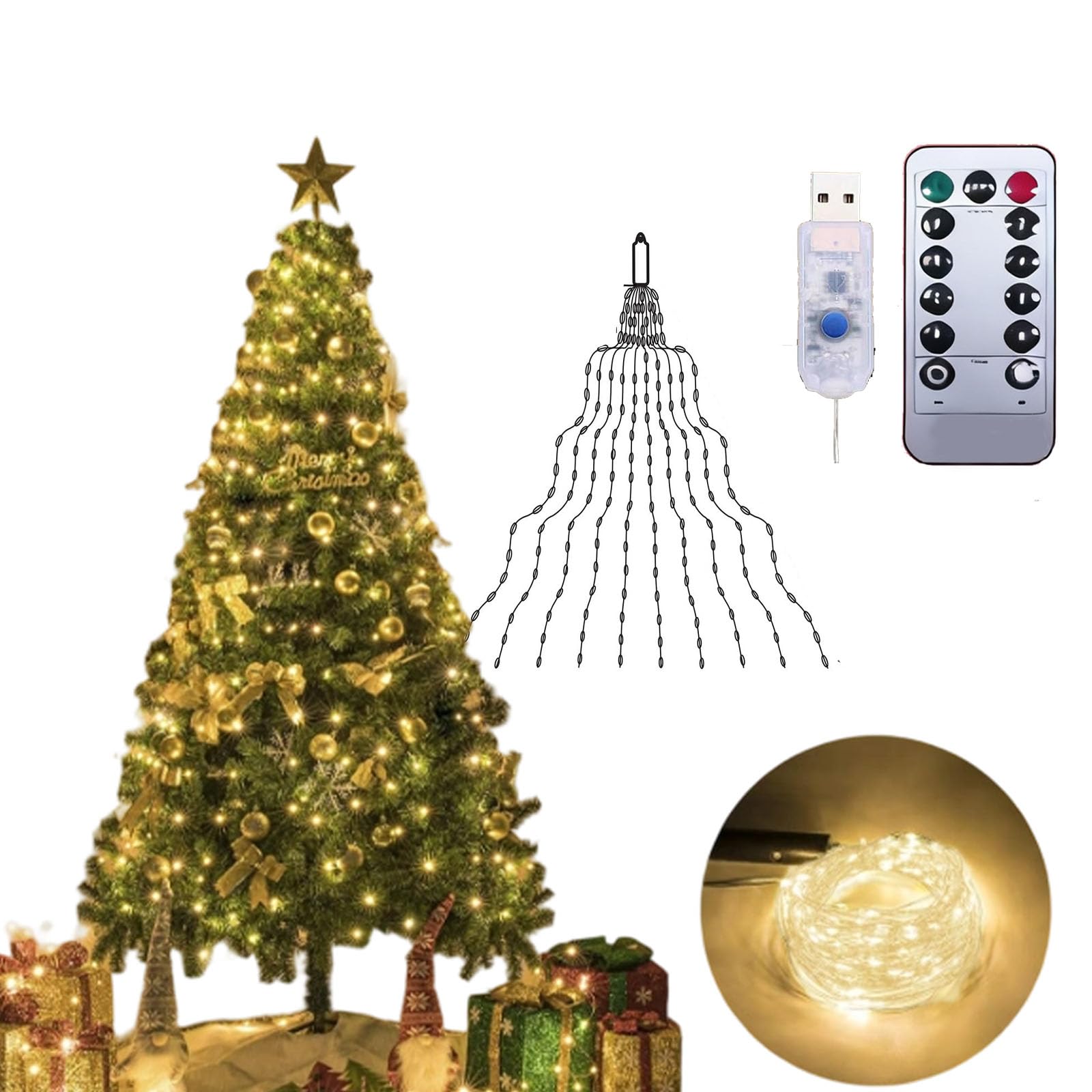 Vgpbphj Warm Light-Usb Waterfall Christmas Tree Lights, 8 Modes 100-600 Christmas Led Firefly Twinkle String Lights, 3.3/6.6/9.8Ft Cascading Twinkle Lights Usb/Battery Powered (,6.56Ft 400 Lights)