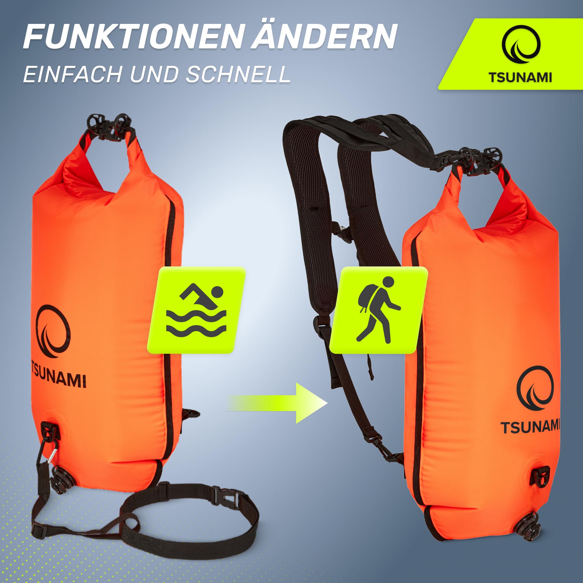 TSUNAMI Schwimmboje PRO mit 2-in-1-Trockentasche, Aufblasbare Schwimmhilfe für Schwimmen, Schnorcheln, SUP, Freiwasserschwimmen und Wildschwimmen, Sicherheitsboje, sichtbare Boje