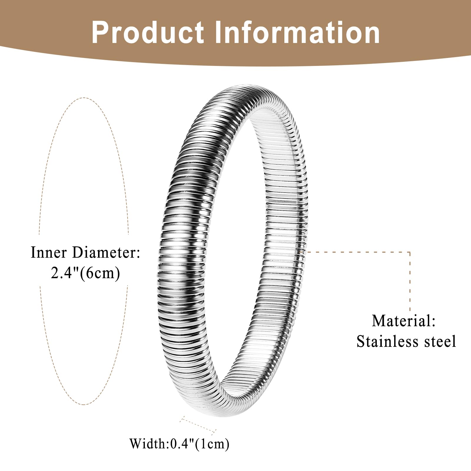 JewelryWe Schlangen Armreif Damen Elastisch: Edelstahl Stretch Armband Elastisch Schlangenarmband Manschette Armspange für Frauen Mädchen 8/10/12/20mm Breite Gold/Silber