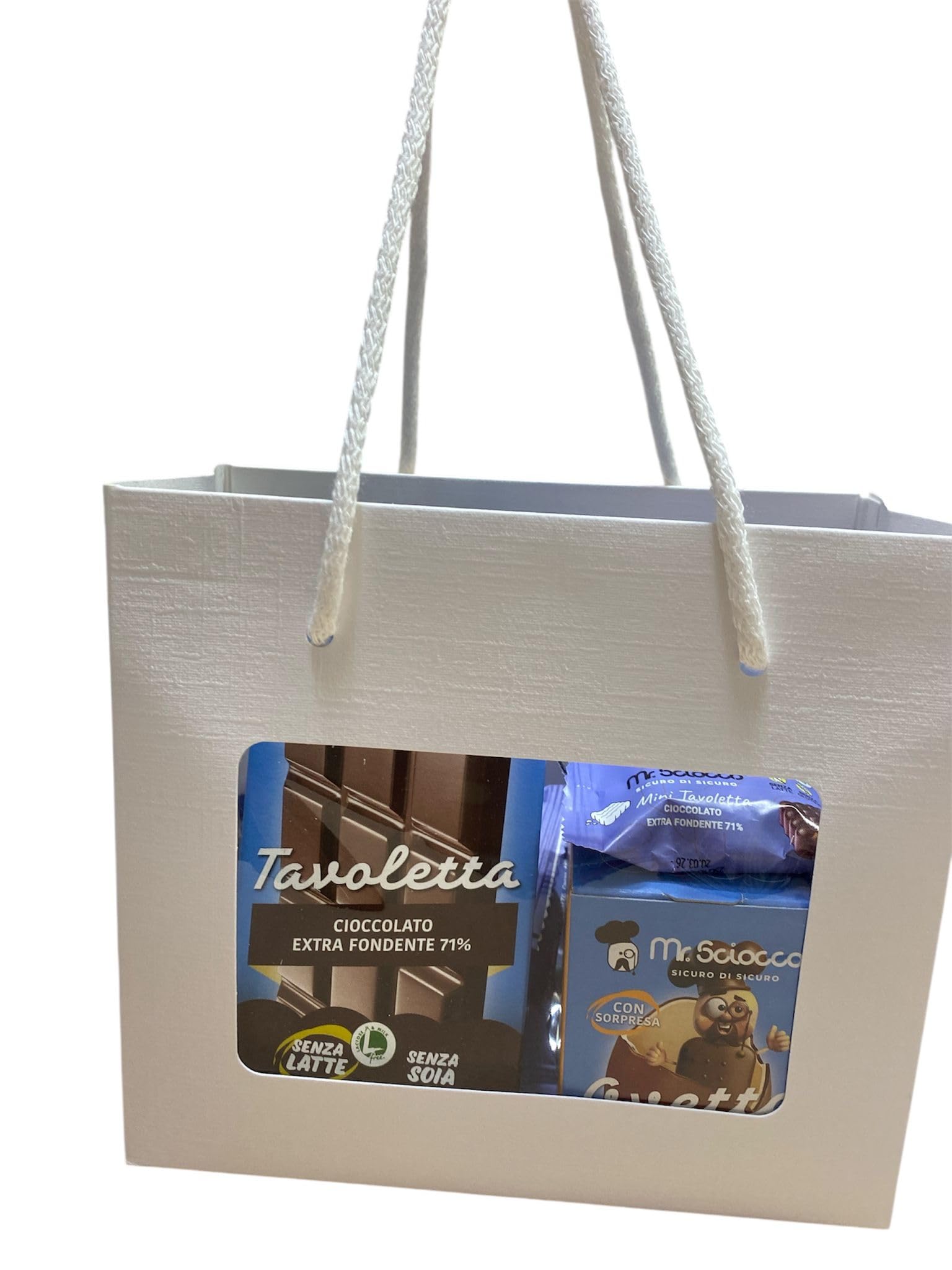 confezione regalo prodotti Mr.Sciocco TUTTI ALTERNATIVA 100% vegetale al cioccolato: tavolette latte, nocciola, bianco, pistacchio e fondente, ovetto e tavoletta Senza Glutine, Senza Latte e Lattosio